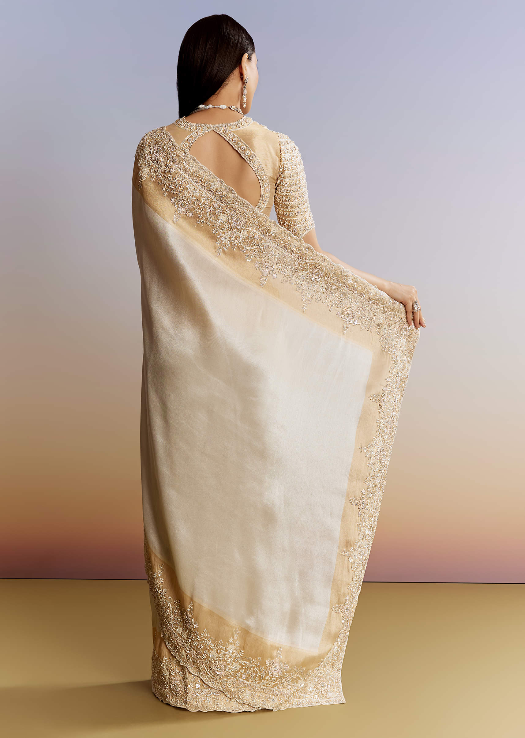 Ivory And Golden Kora Silk Saree With Heavy Zardosi Work - Image 6