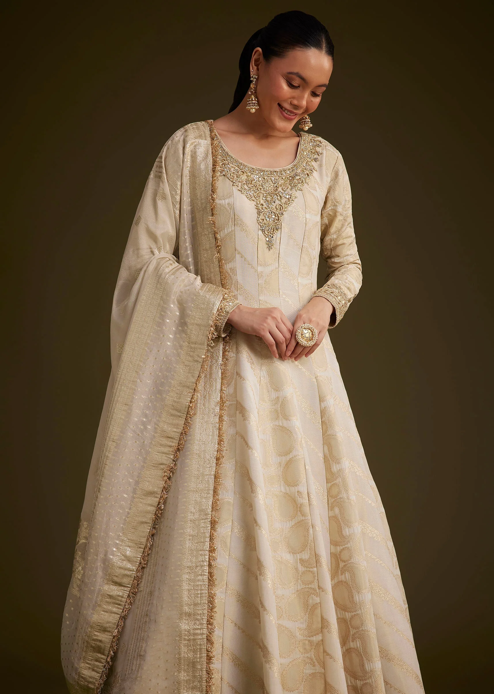 Ivory Banarasi Tissue Anarkali With Gotta Work - Image 2