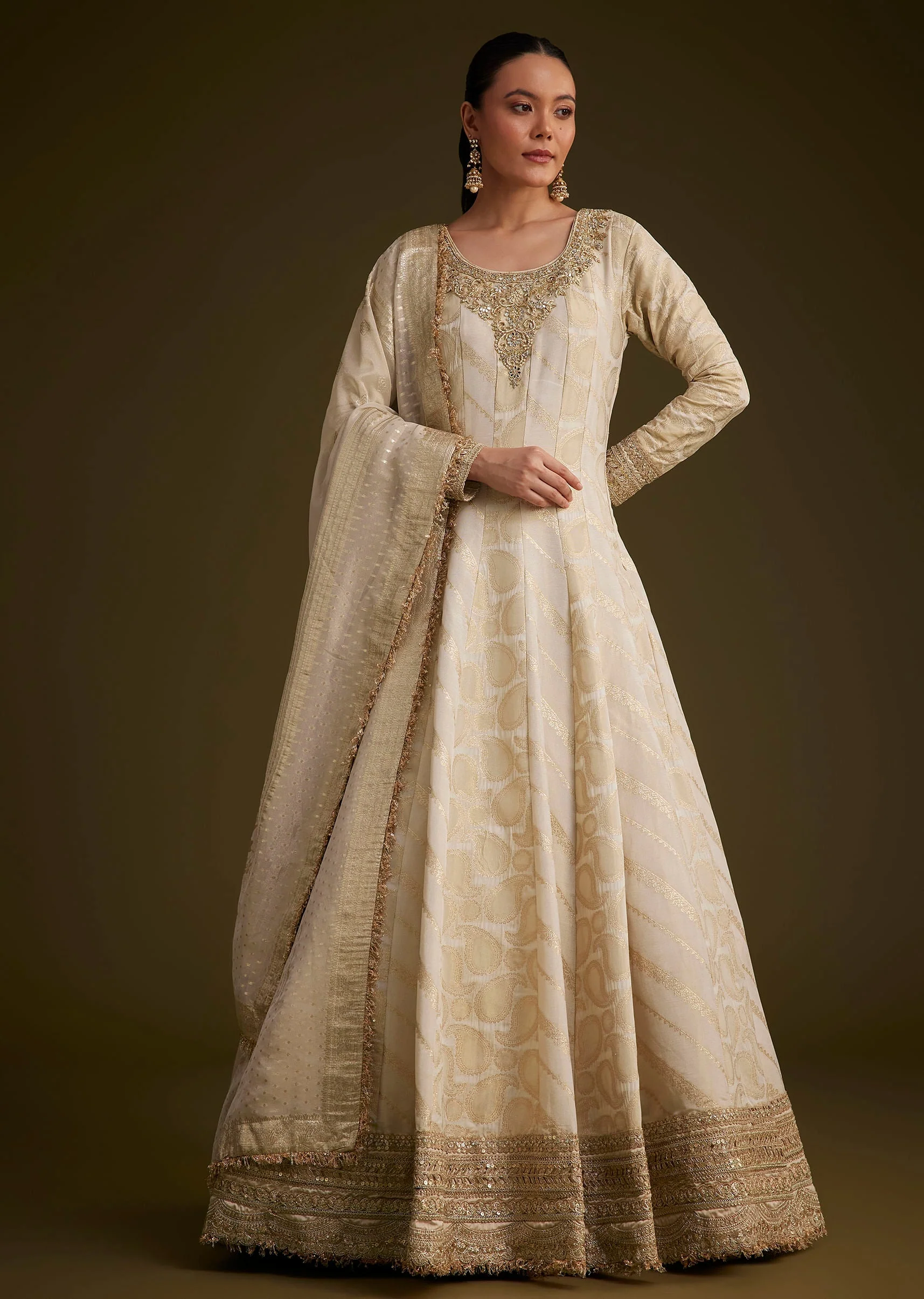 Ivory Banarasi Tissue Anarkali With Gotta Work - Image 3