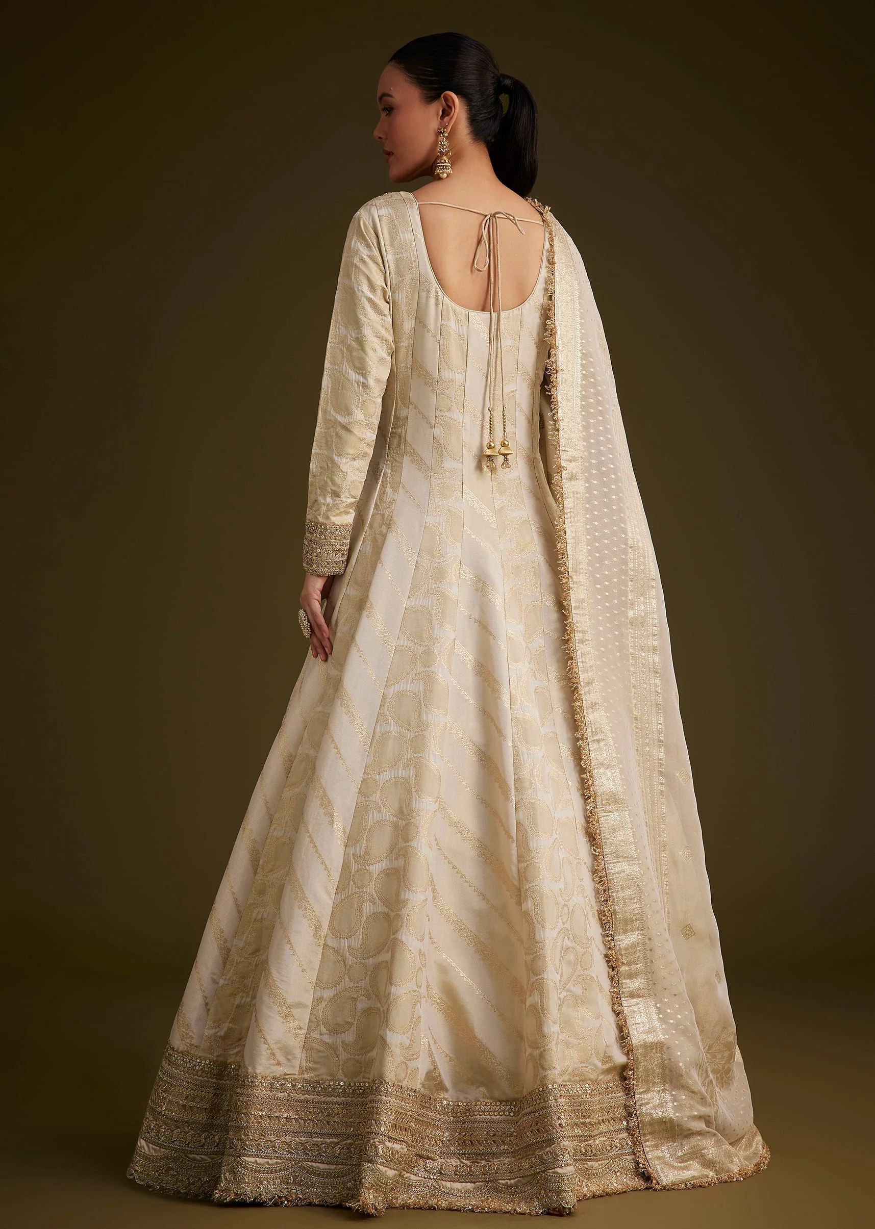Ivory Banarasi Tissue Anarkali With Gotta Work - Image 5