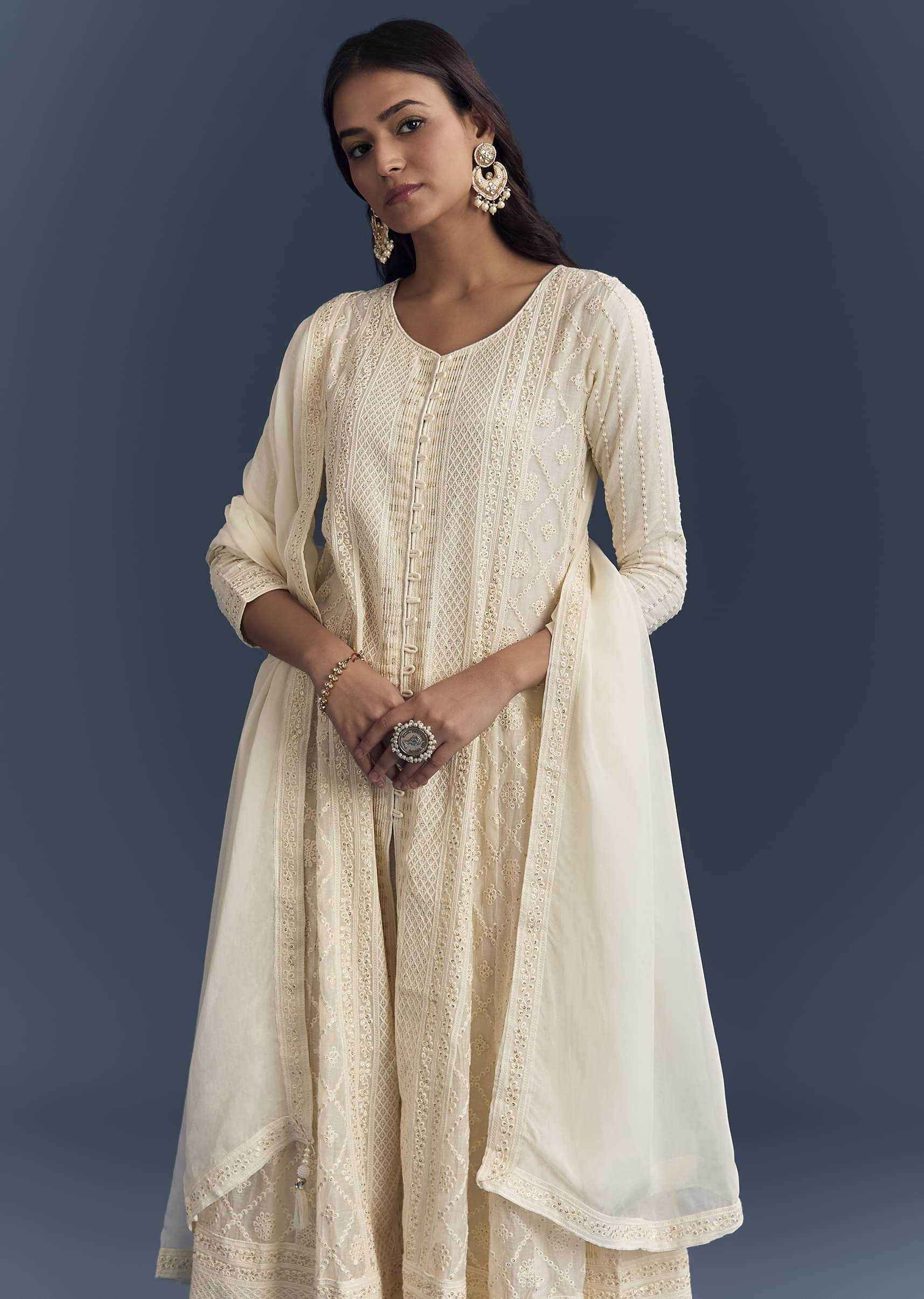 Ivory Chanderi Anarkali Suit With Thread And Sequins Embroidery - Image 4
