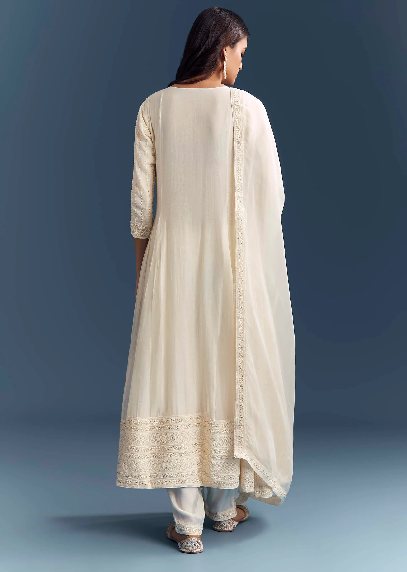 Ivory Chanderi Anarkali Suit With Thread And Sequins Embroidery - Image 5