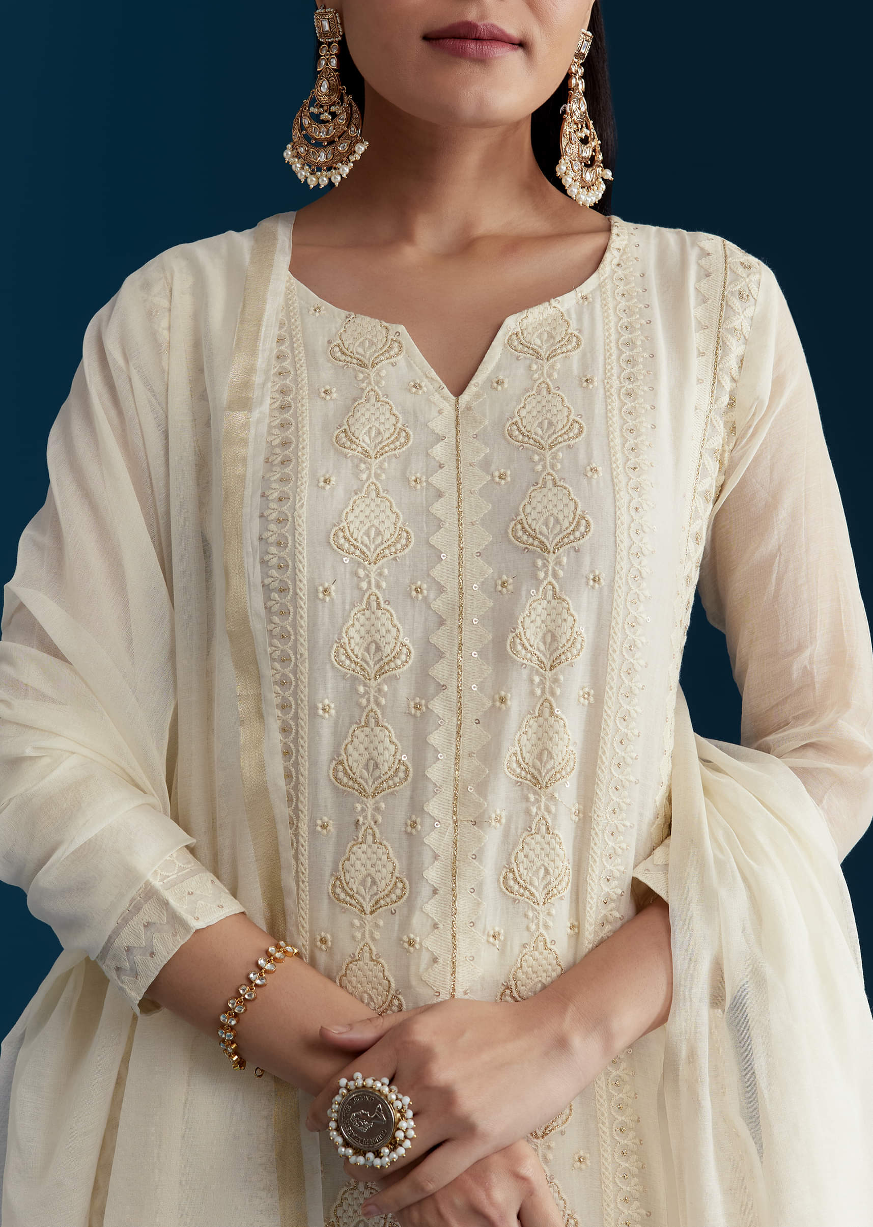 Ivory Chanderi Kurta Set with Thread Work - Image 2