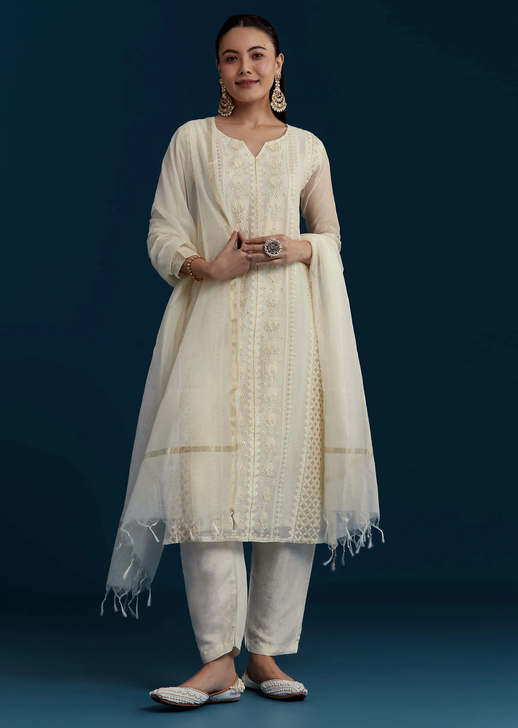 Ivory Chanderi Kurta Set with Thread Work - Image 3