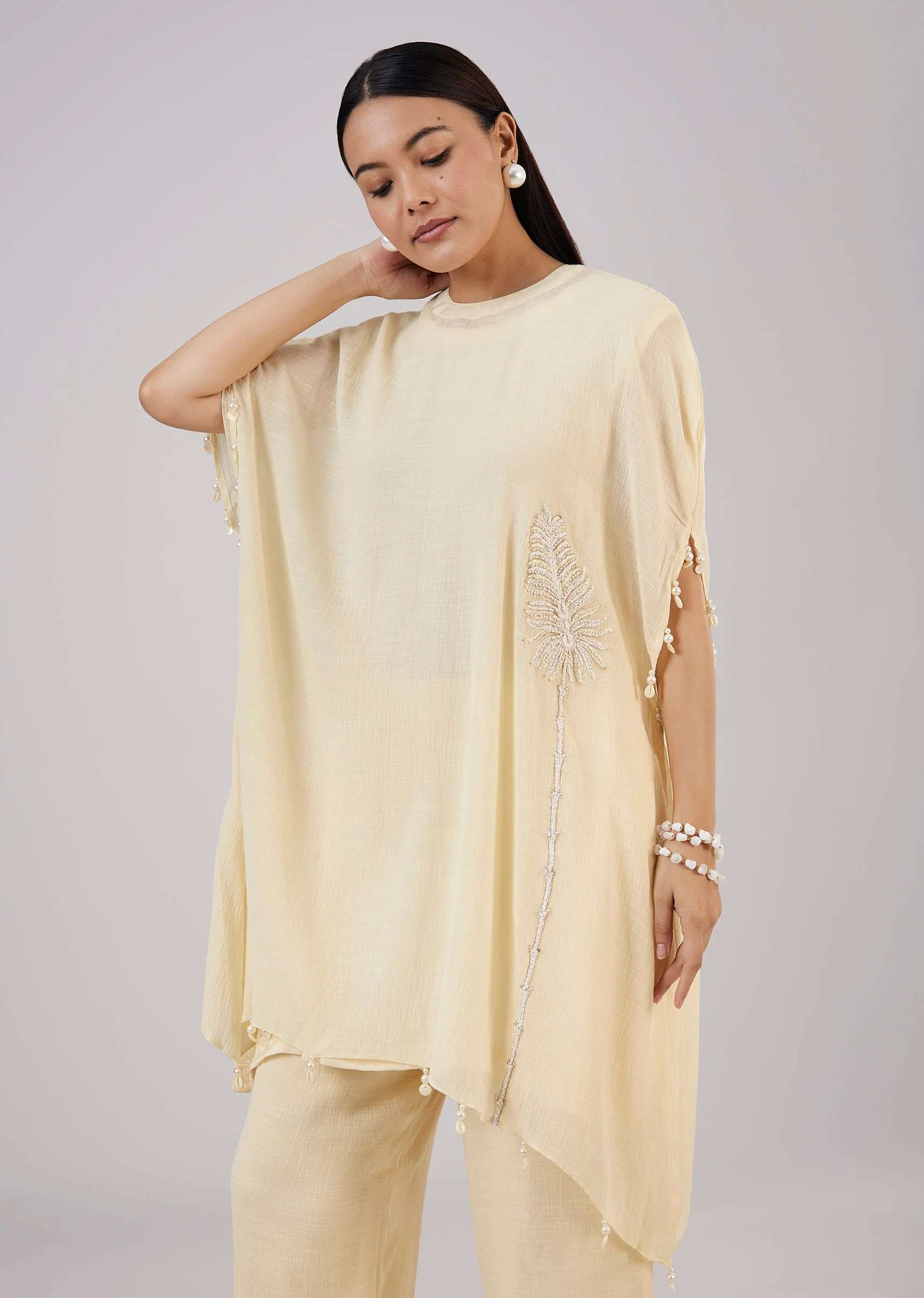 Ivory Cotton Indo Western Coord Set With Resham Work - Image 4
