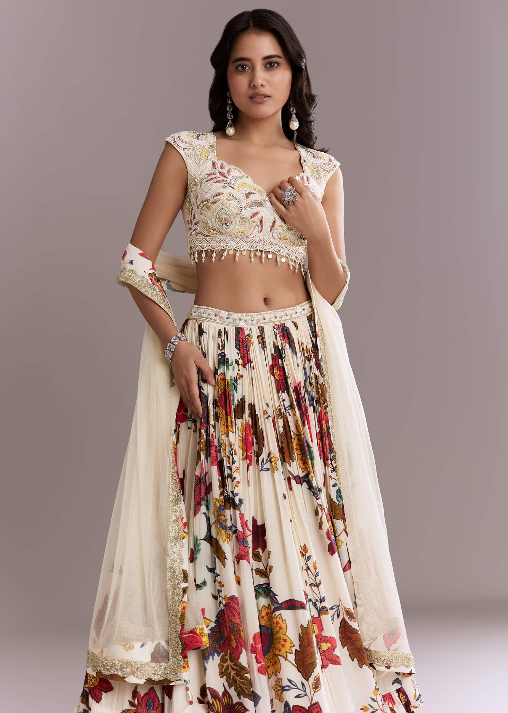 Ivory Crepe Floral Bridesmaid Lehenga With Heavy Hand Embroidery - Image 5