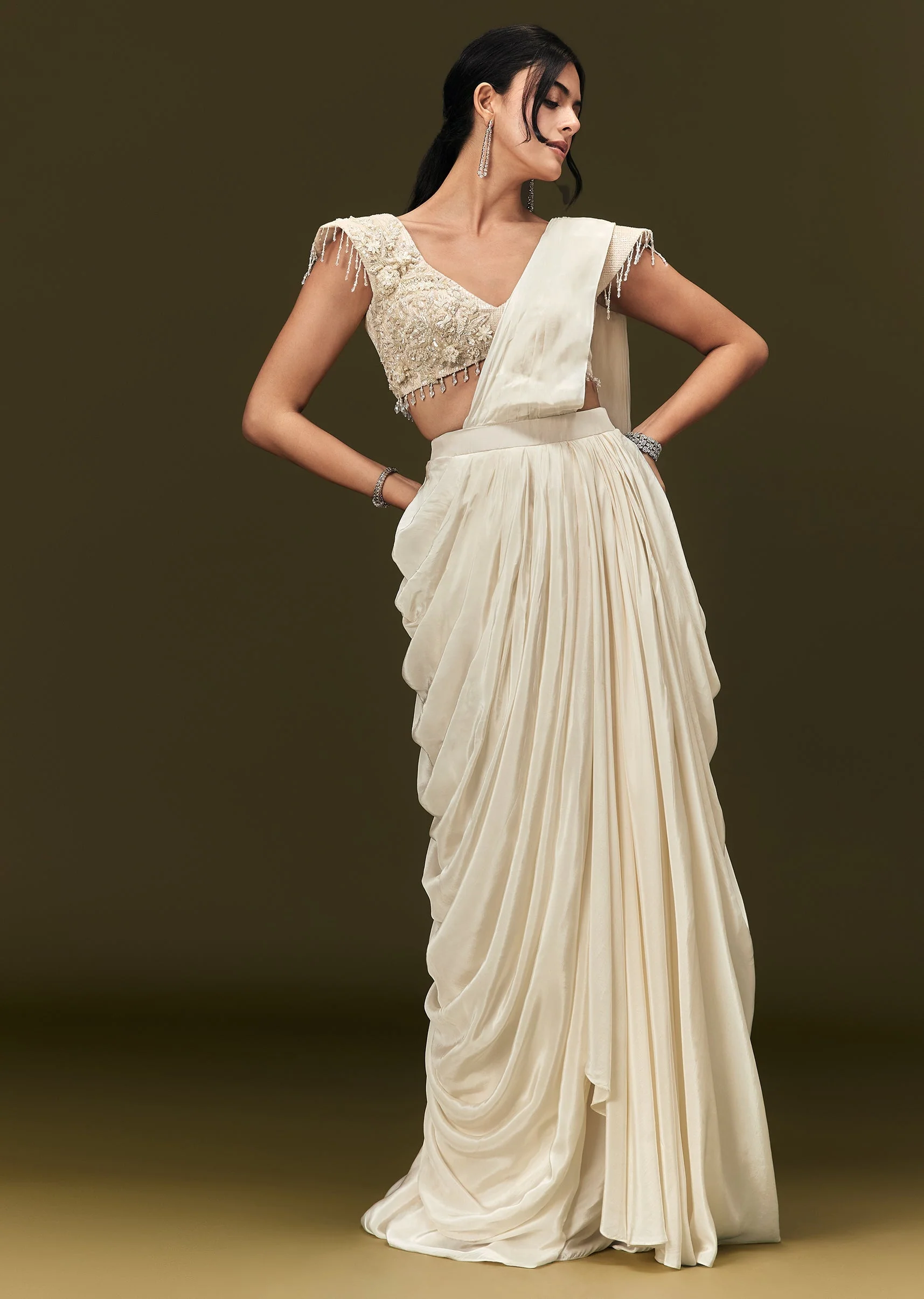 Ivory Crepe Pre Draped Saree With Zardosi And 3D Flower Motifs - Image 3