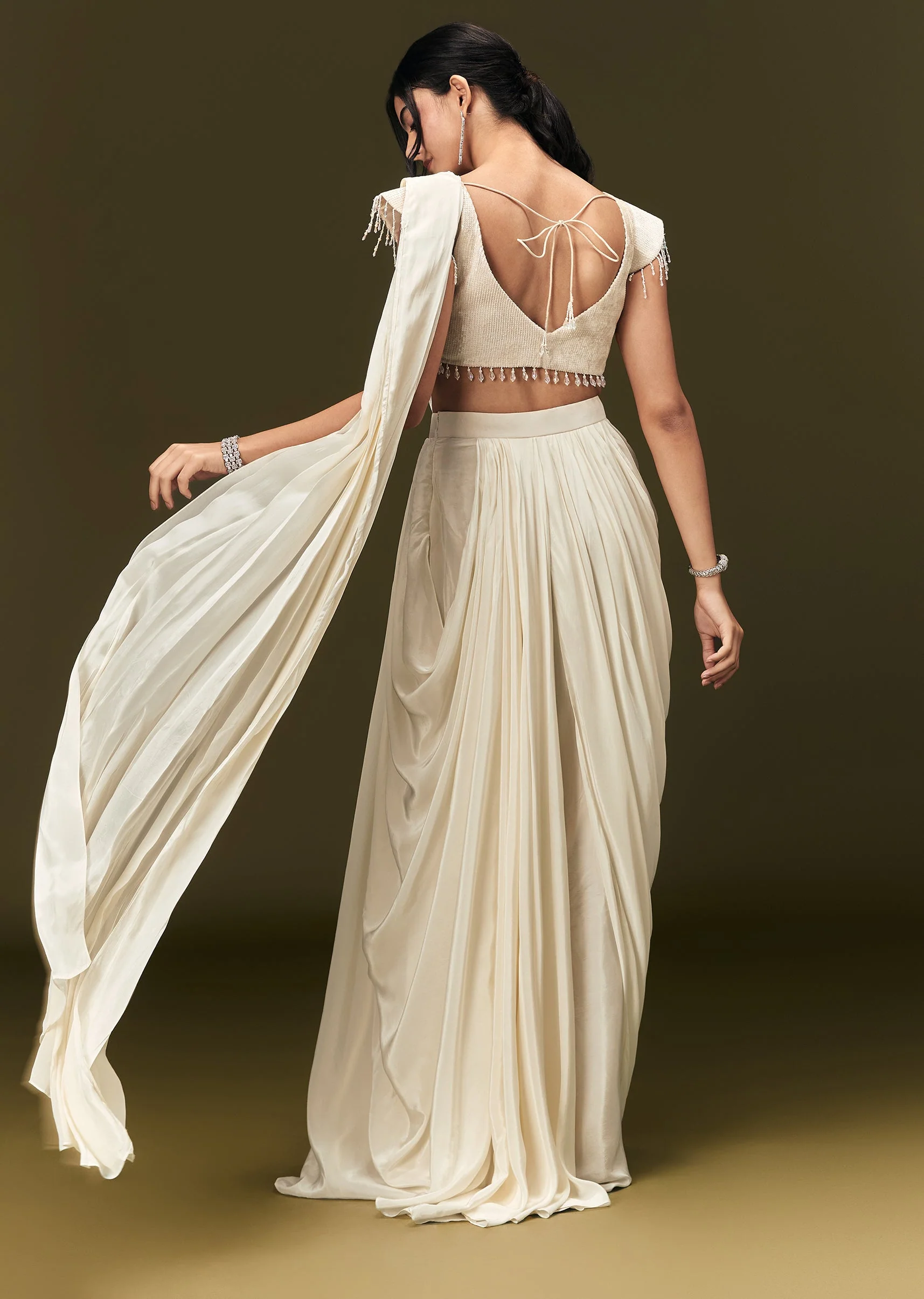 Ivory Crepe Pre Draped Saree With Zardosi And 3D Flower Motifs - Image 5