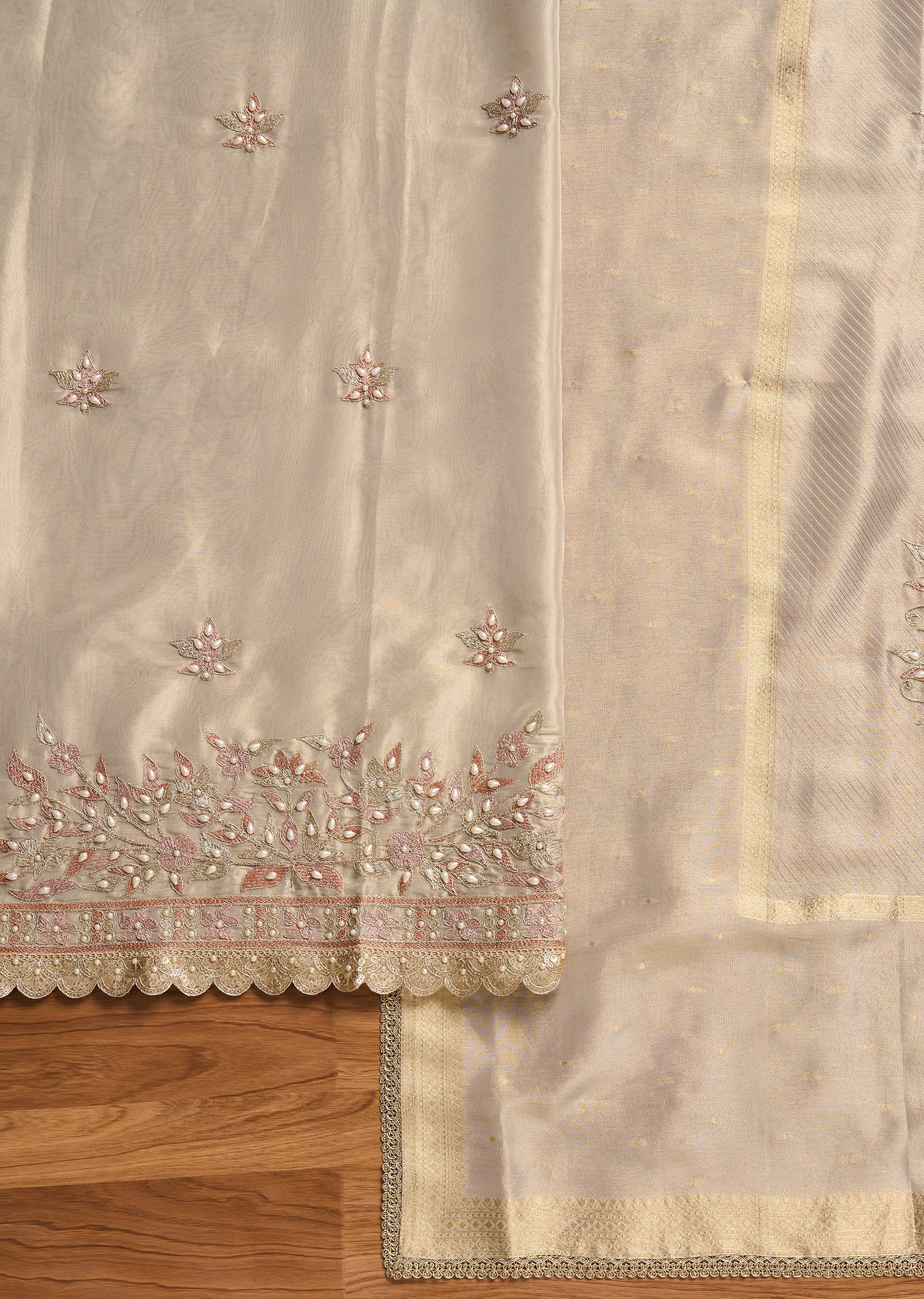 Ivory Crepe Unstitched Suit With Dupatta - Image 3