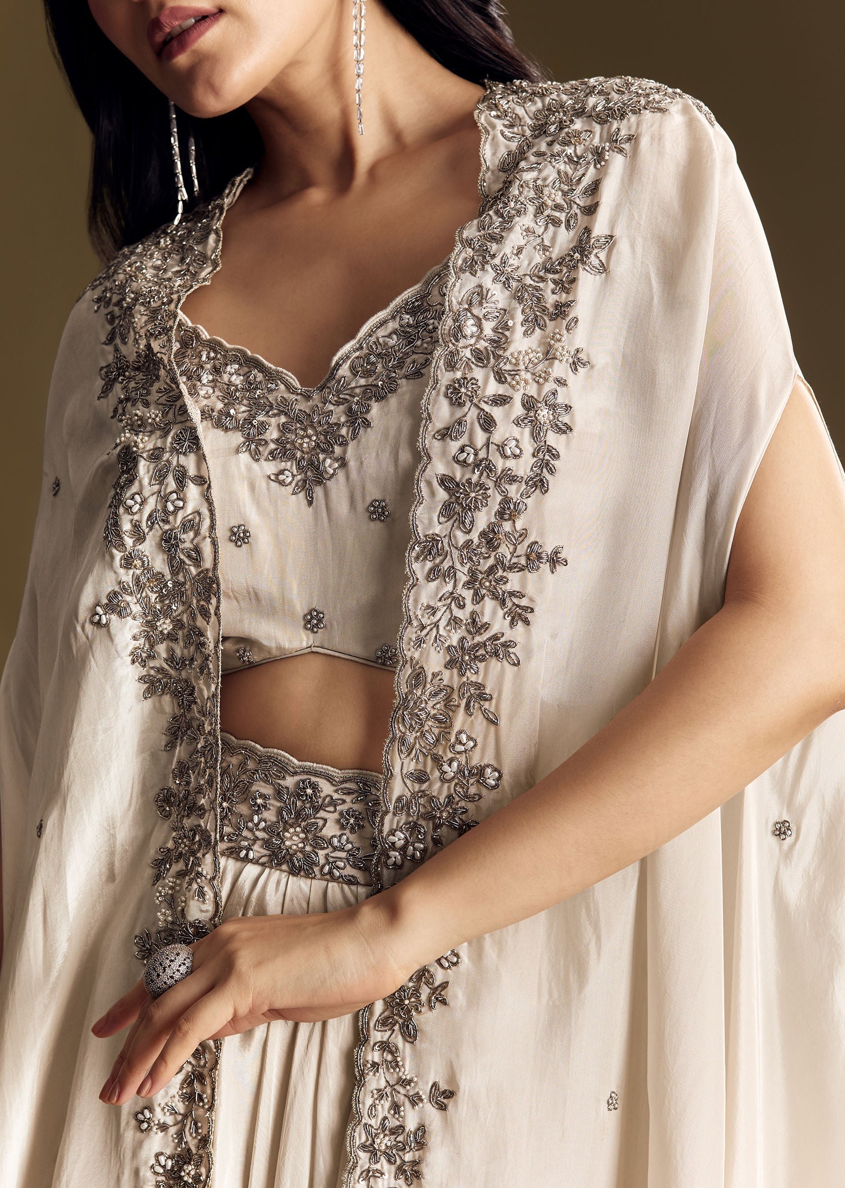 Ivory Crop Top Skirt Set With Cape And Silver Zardozi Work - Image 2