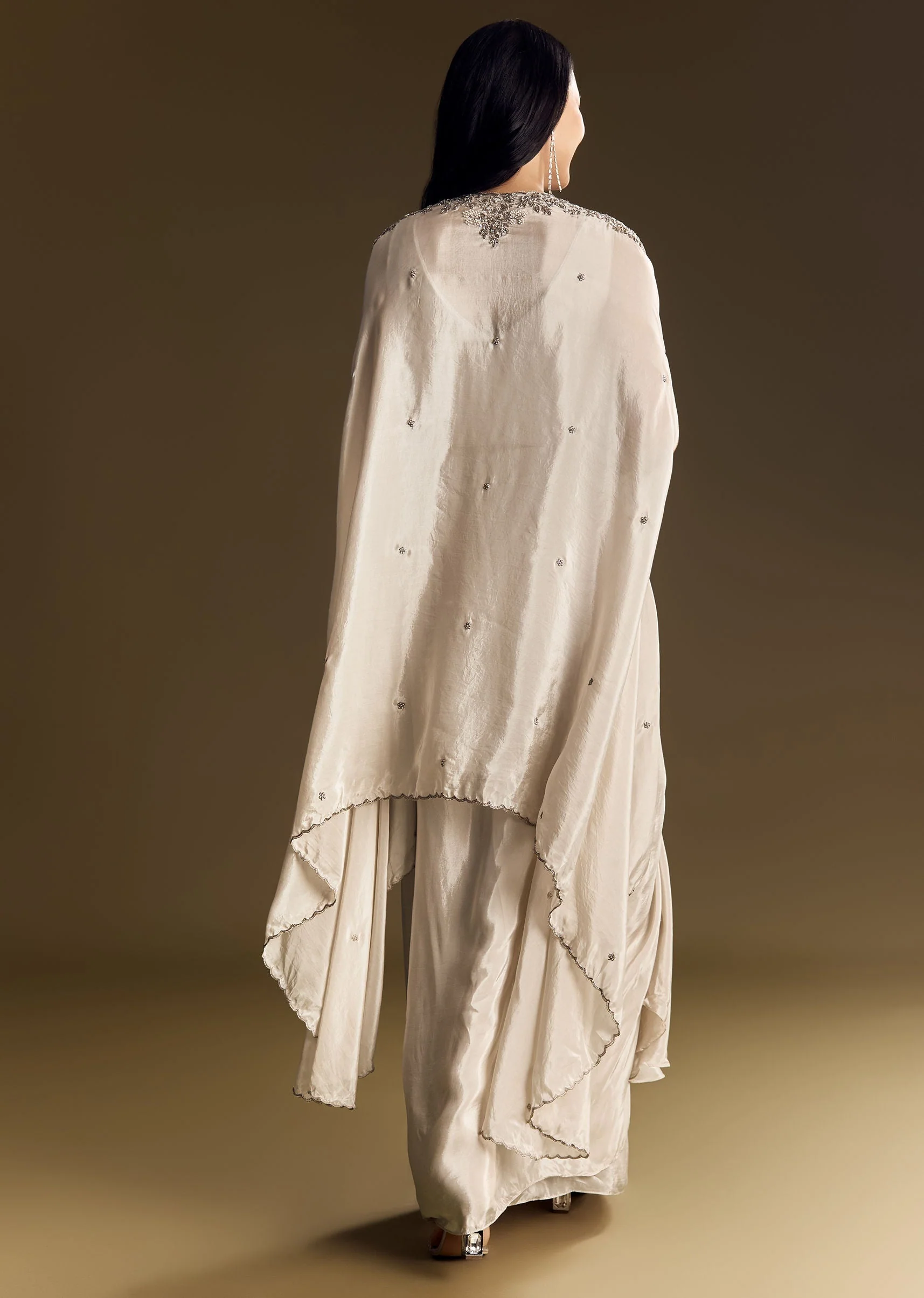 Ivory Crop Top Skirt Set With Cape And Silver Zardozi Work - Image 5