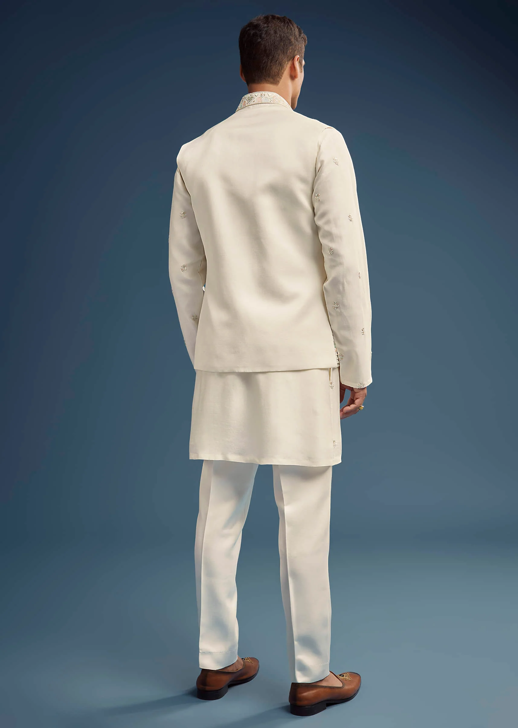 Ivory Dola Silk Kurta Jacket Set For Men With Zardosi Embroidery - Image 5