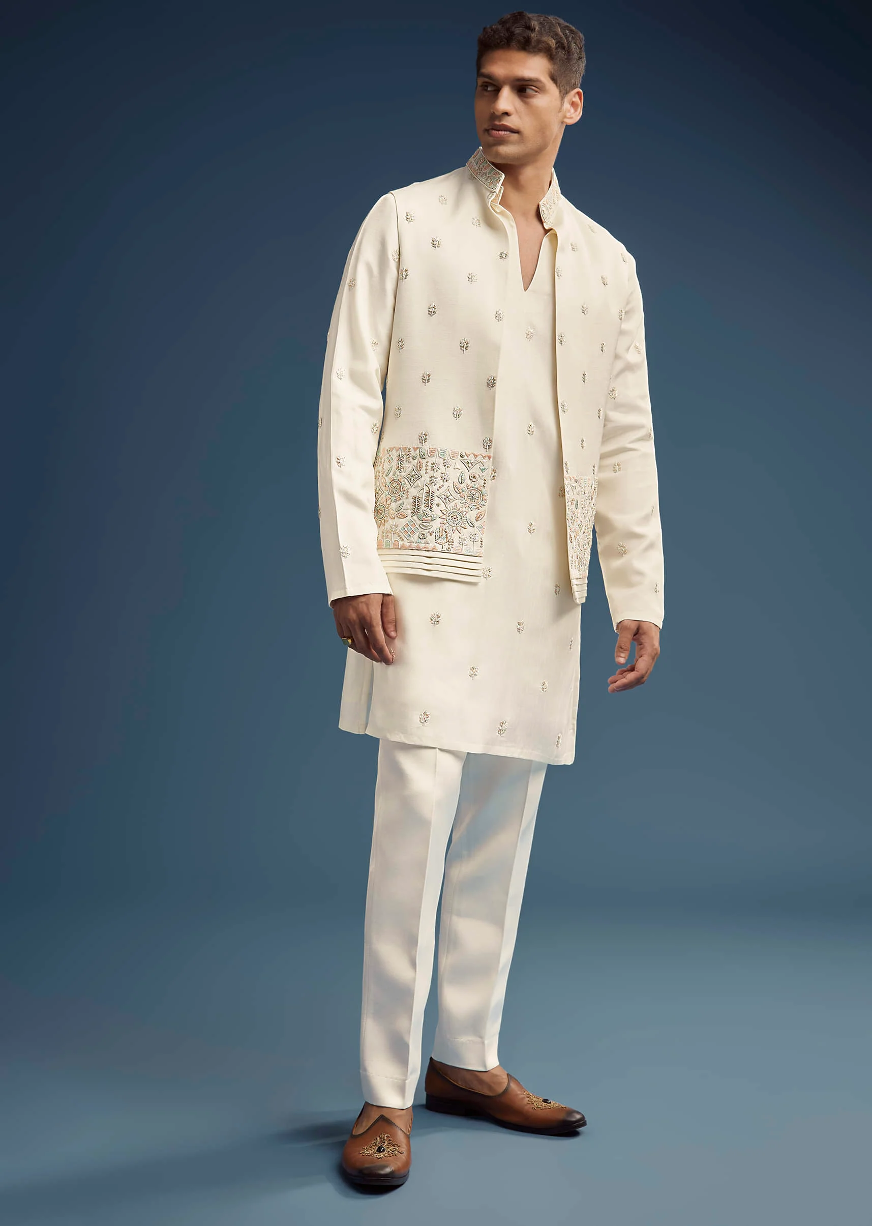 Ivory Dola Silk Kurta Jacket Set For Men With Zardosi Embroidery - Image 8