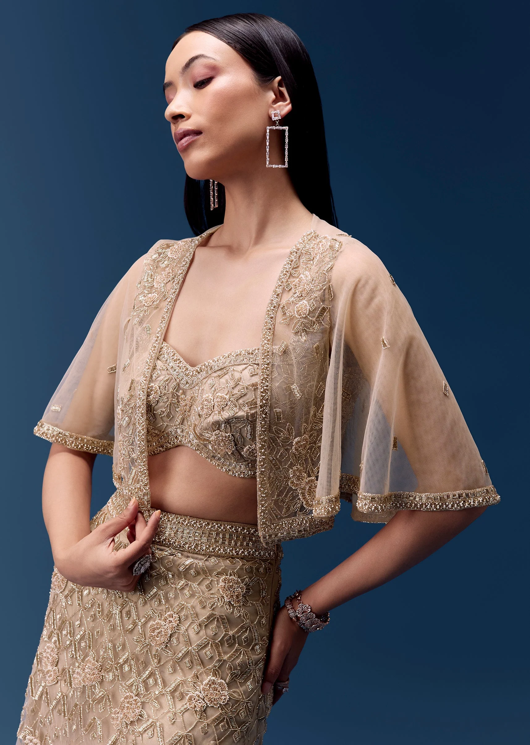 Ivory Embellished Fishcut Lehenga Set with Cape - Image 3