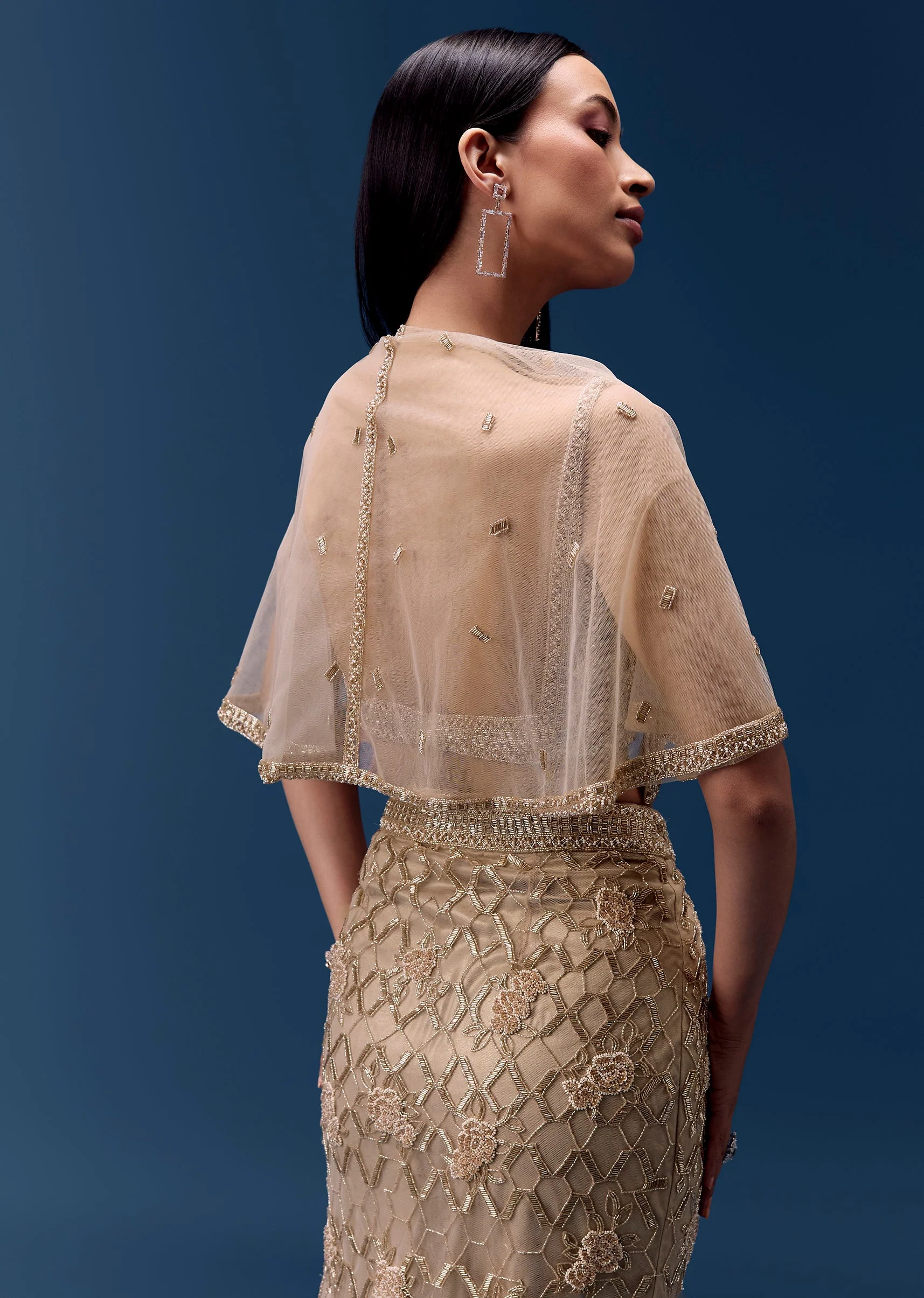 Ivory Embellished Fishcut Lehenga Set with Cape - Image 5