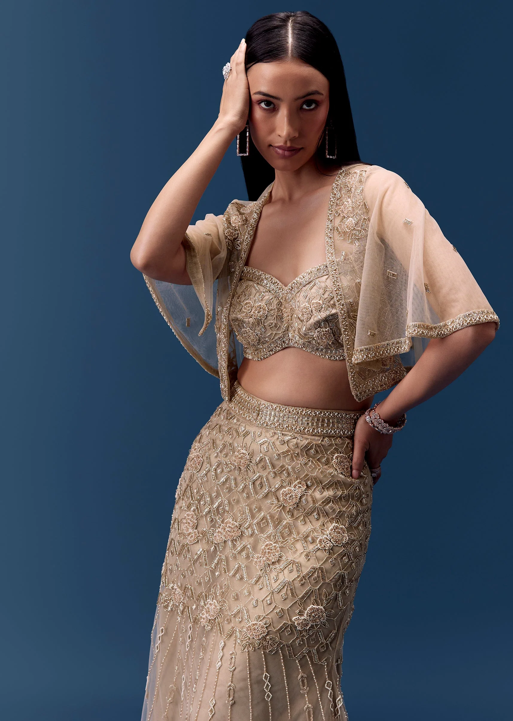 Ivory Embellished Fishcut Lehenga Set with Cape - Image 6