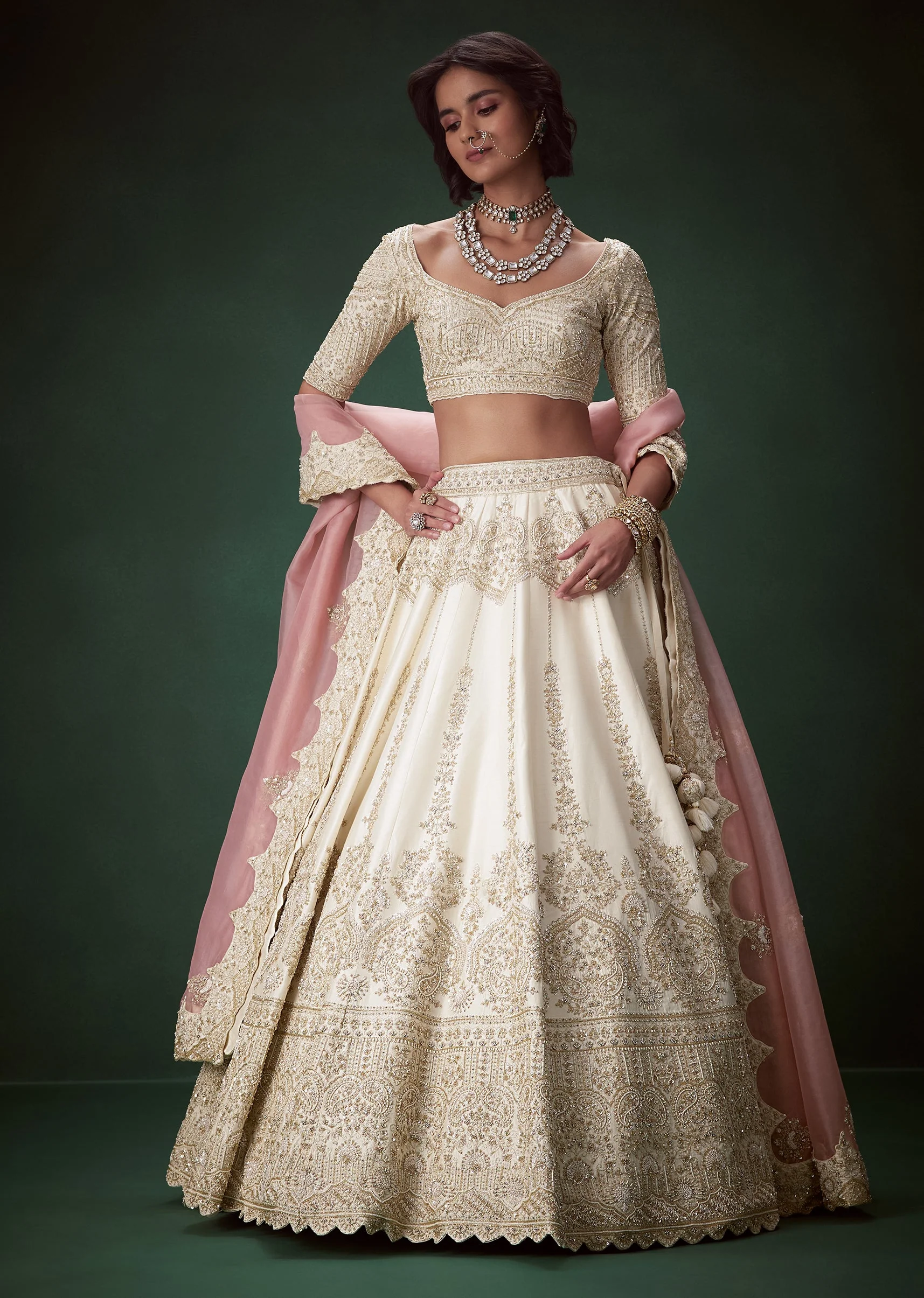 Ivory Embellished Silk Bridal Lehenga Set with Two Duapattas - Image 4