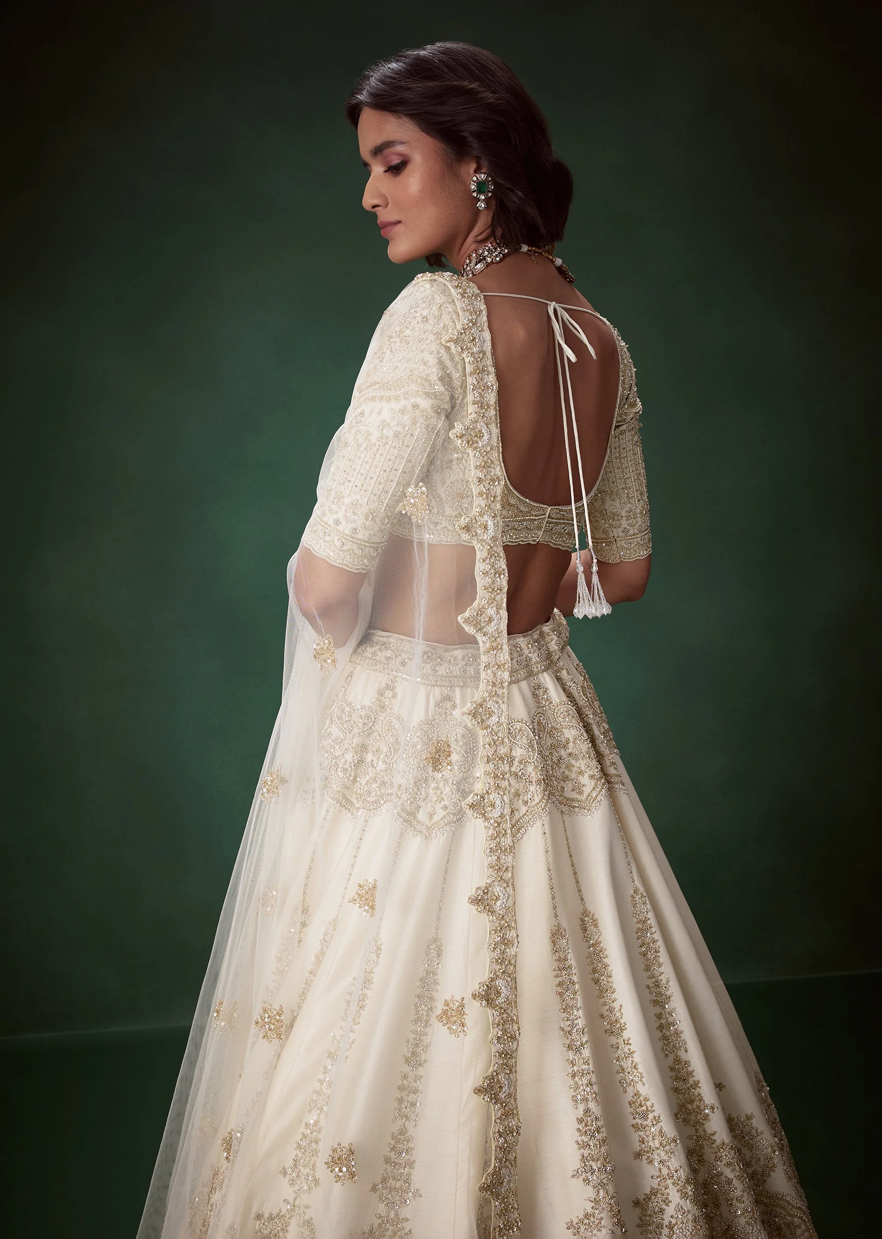 Ivory Embellished Silk Bridal Lehenga Set with Two Duapattas - Image 5