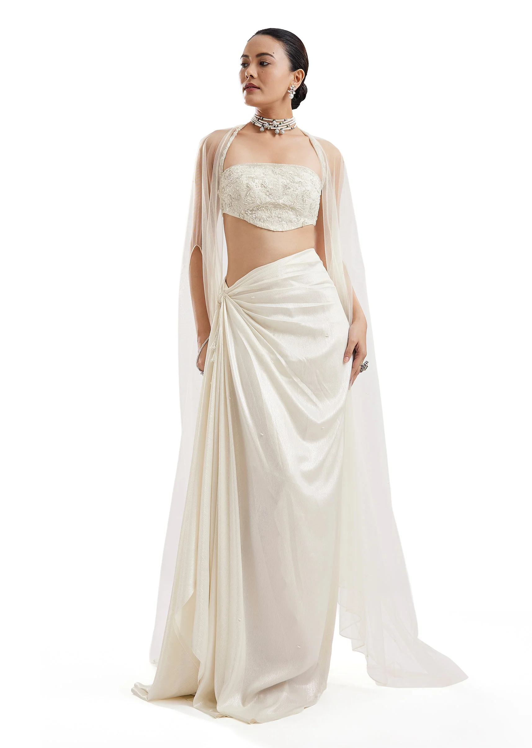Ivory Embroidered Drape Skirt Set With Cape - Image 4