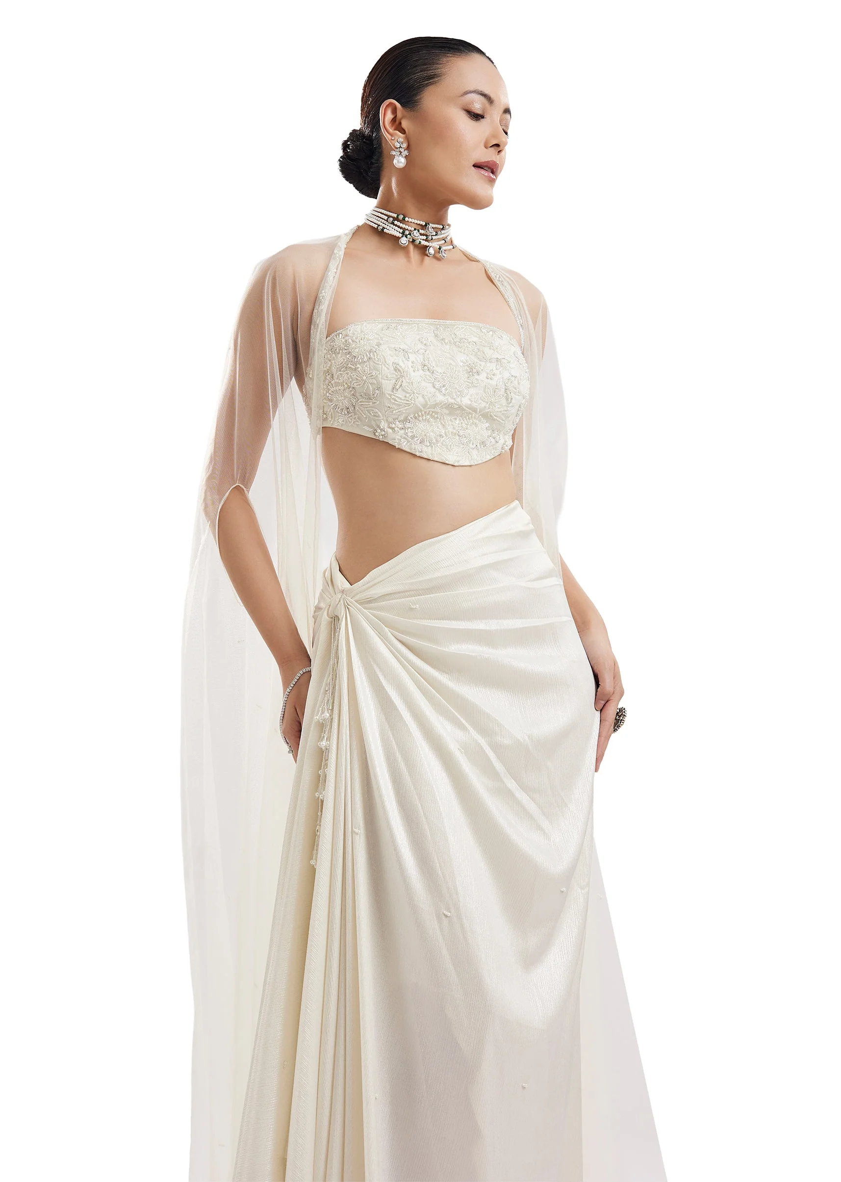 Ivory Embroidered Drape Skirt Set With Cape - Image 5