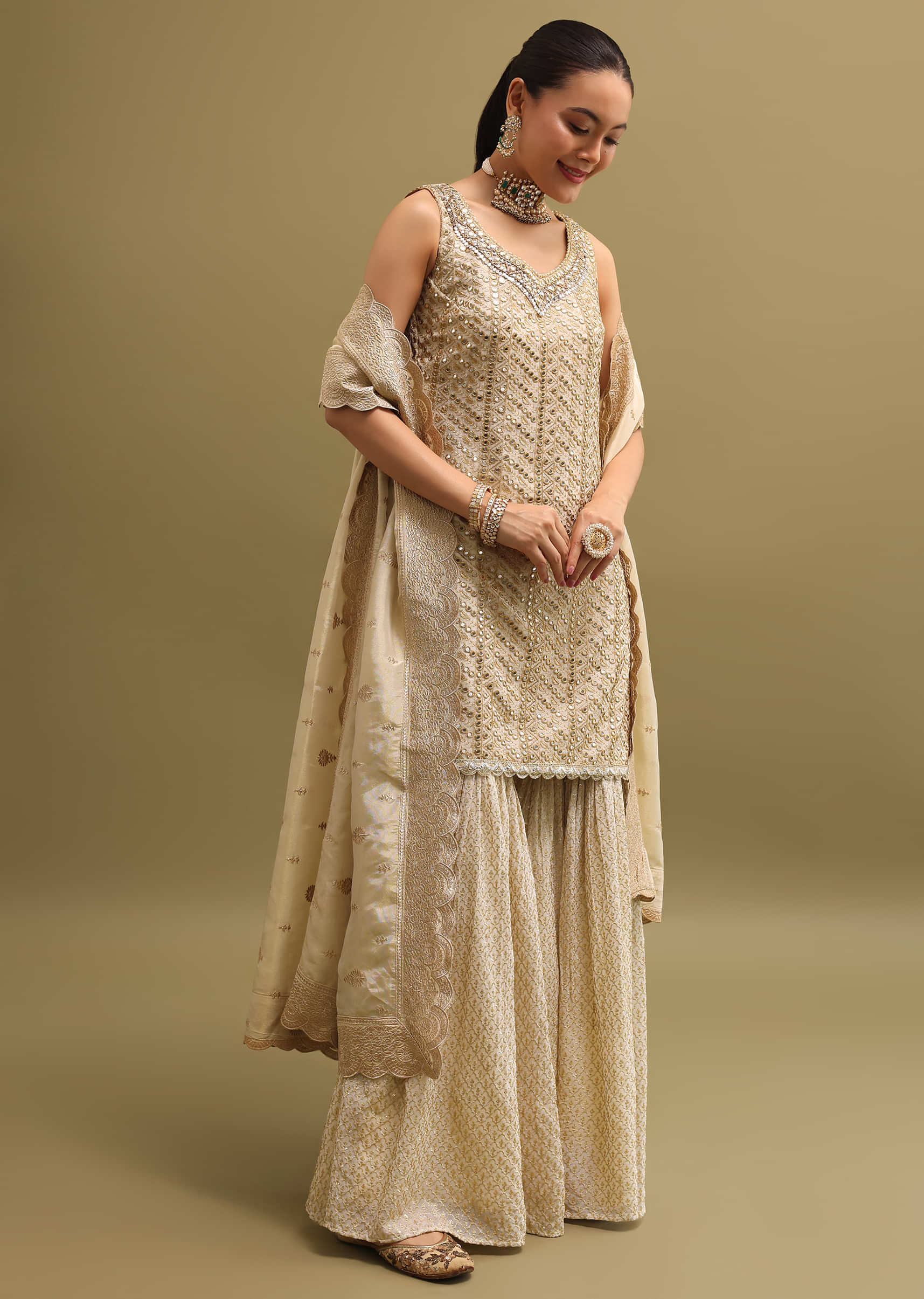 Ivory Embroidered Georgette Kurta Sharara Set - Image 3