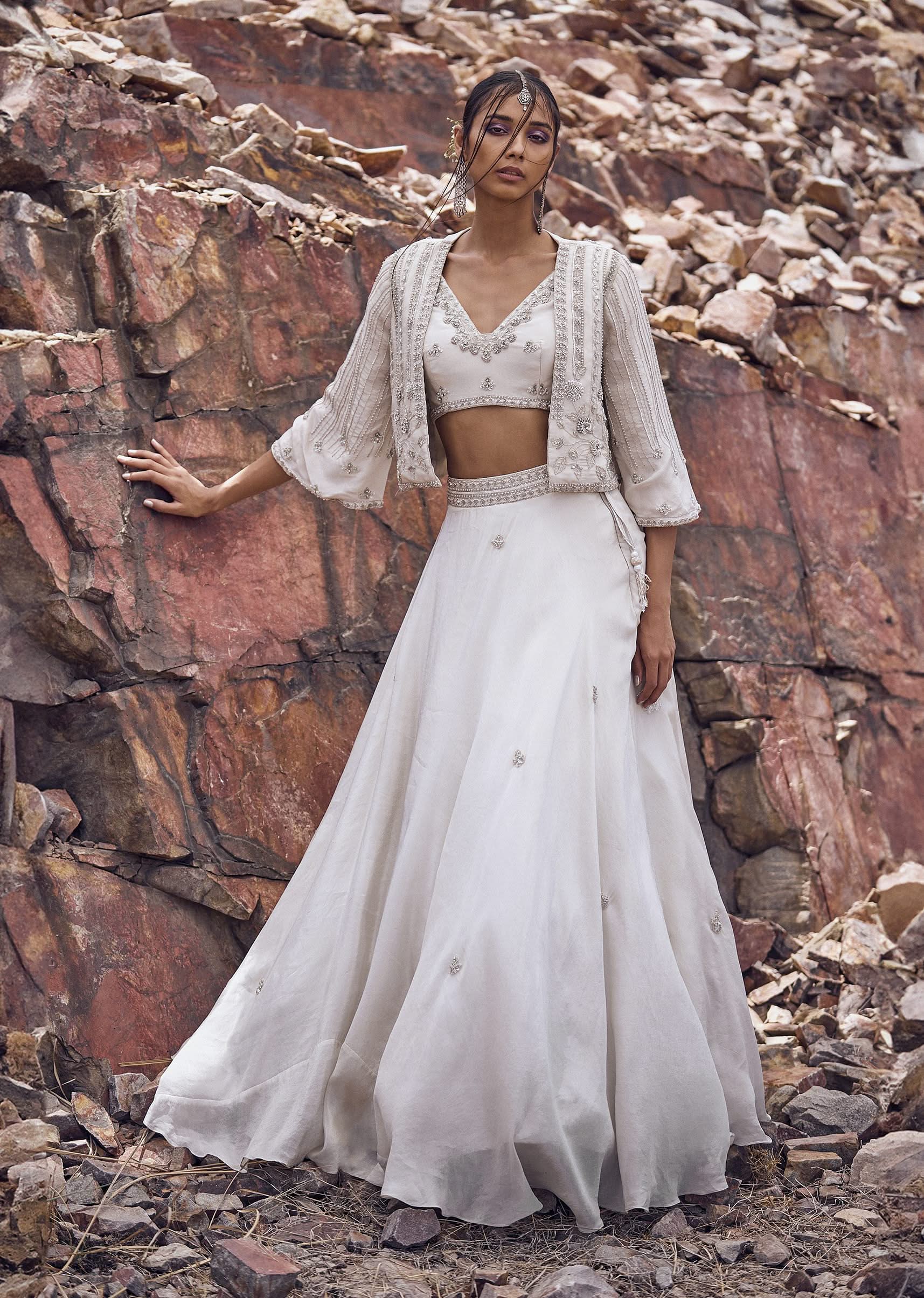 Ivory Embroidered Jacket With Blouse And Lehenga - Image 2