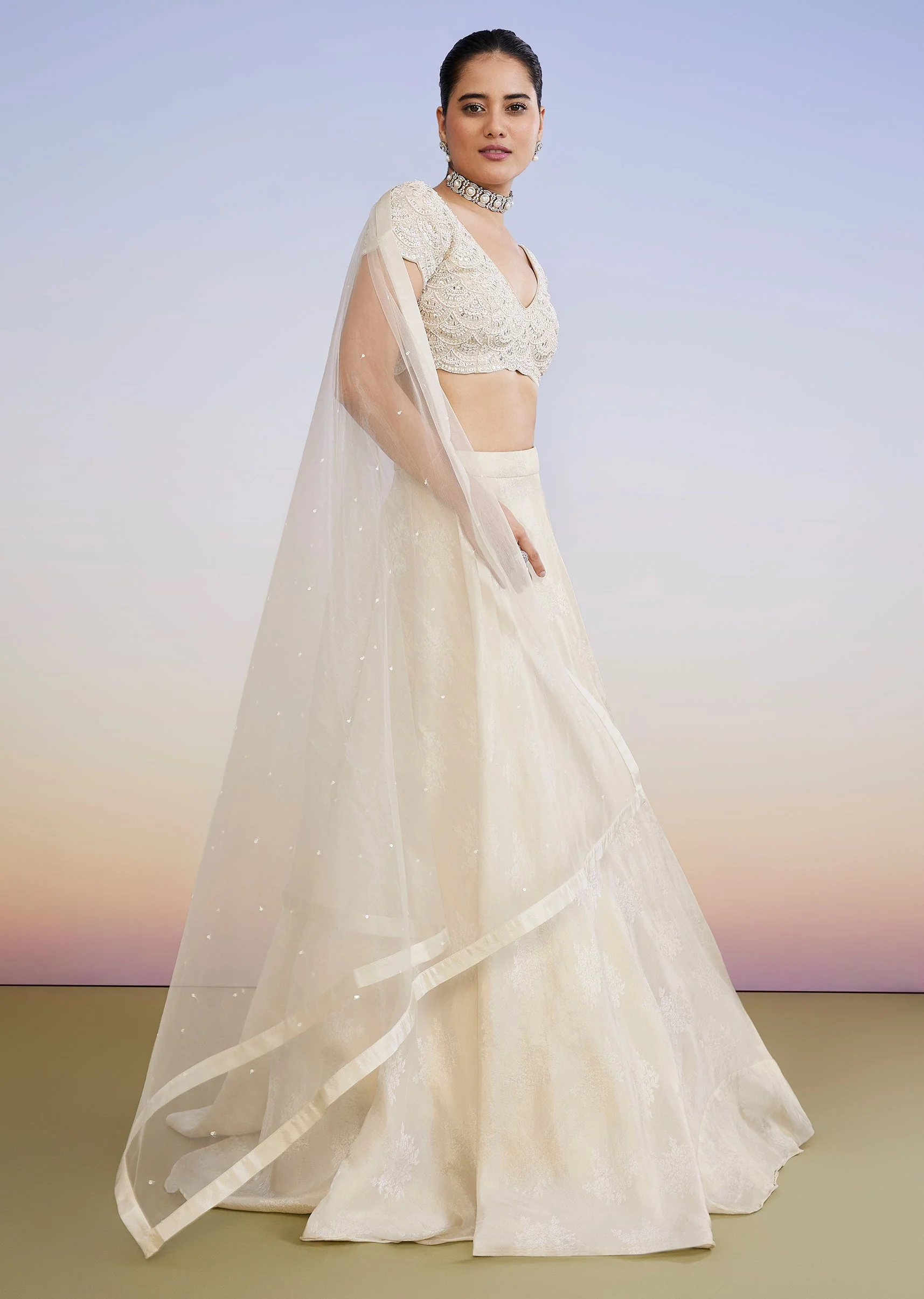 Ivory Embroidered Lehenga - Image 4
