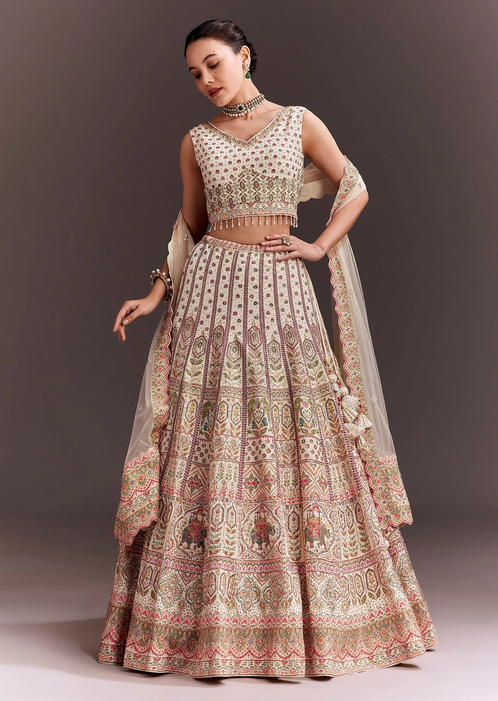 Ivory Embroidered Lehenga Set With Ethnic Motifs - Image 3