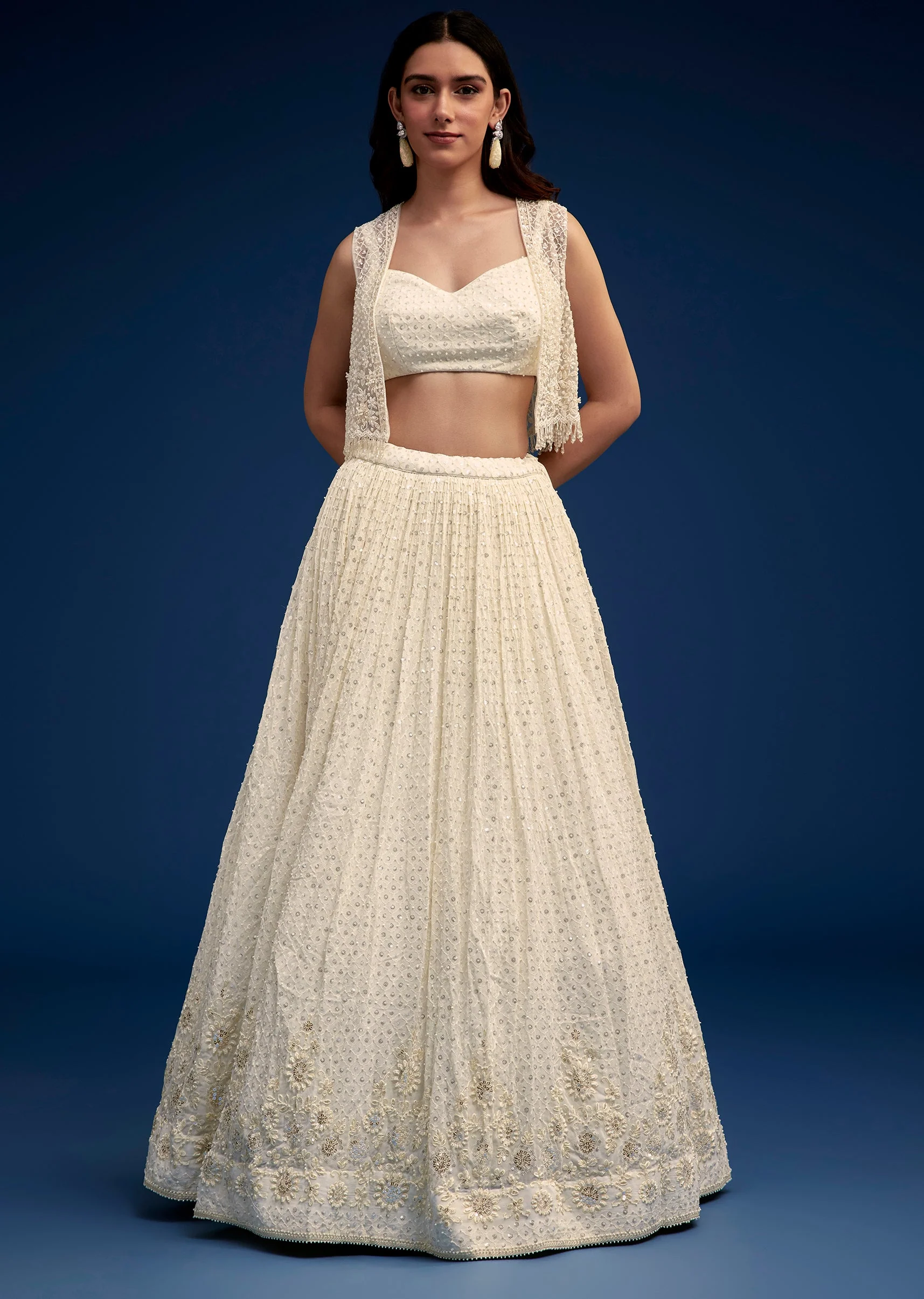 Ivory Embroidered Lehenga Set With Jacket - Image 3