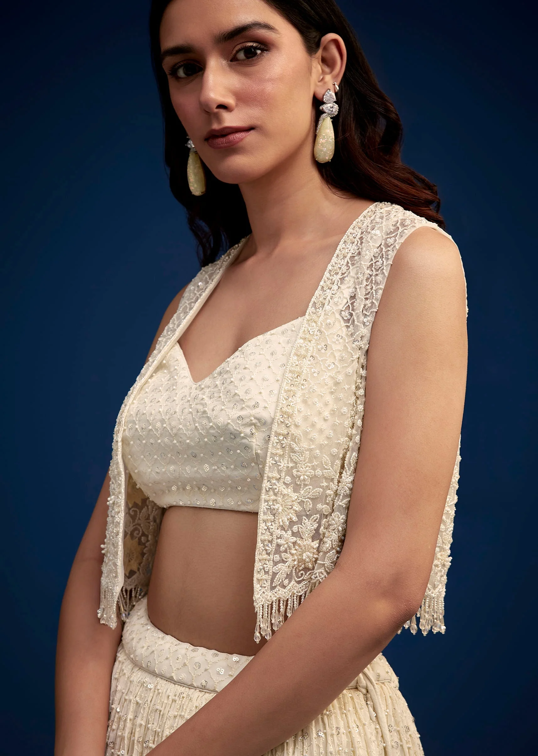 Ivory Embroidered Lehenga Set With Jacket - Image 4