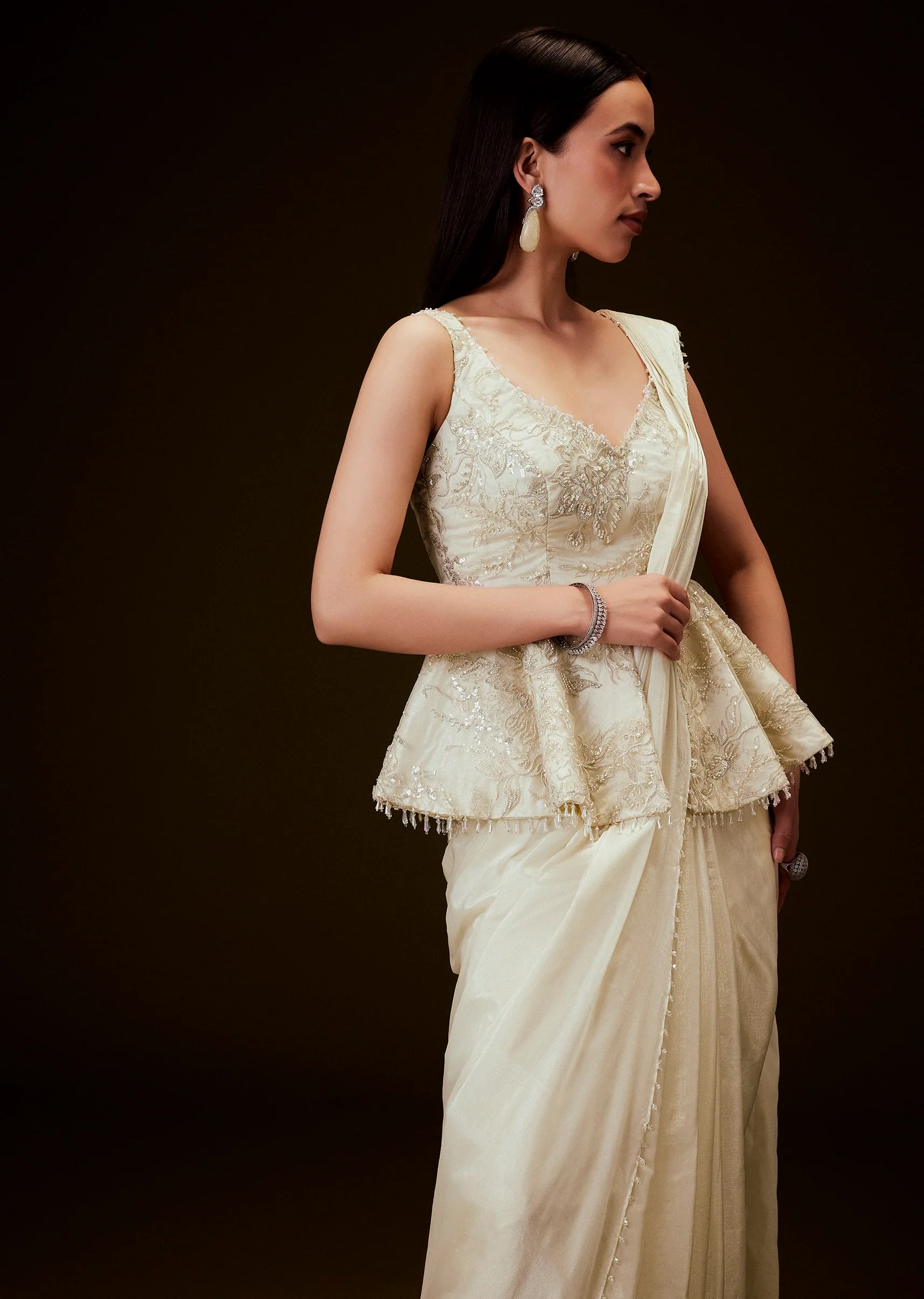 Ivory Embroidered Peplum Top With Saree - Image 2