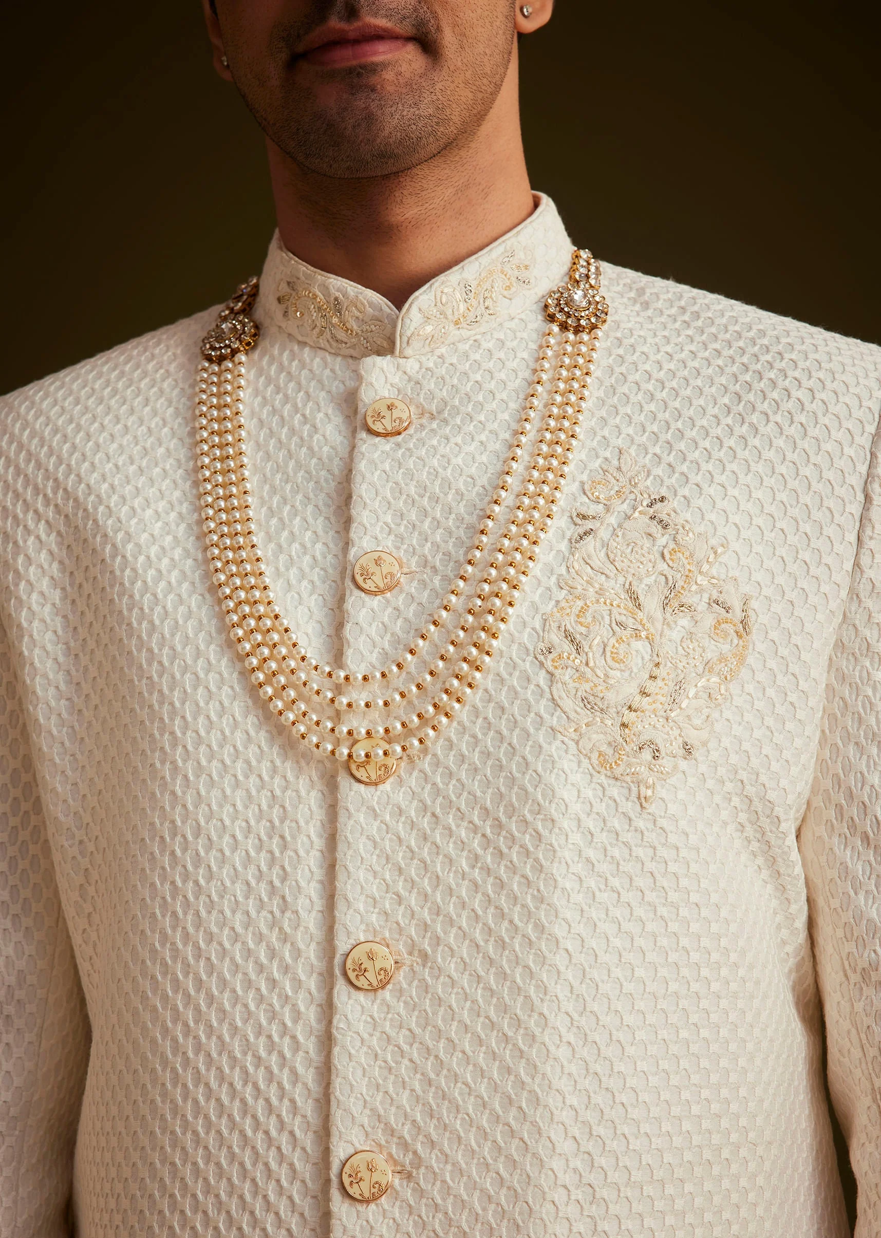 Ivory Embroidered Sherwani Set With Pearl Detailing - Image 3