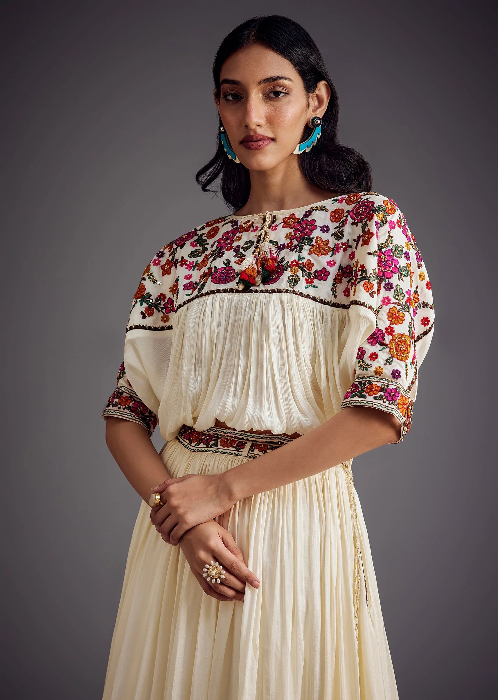 Ivory Embroidered Skirt With Resham work Detailed Crop Top - Image 4
