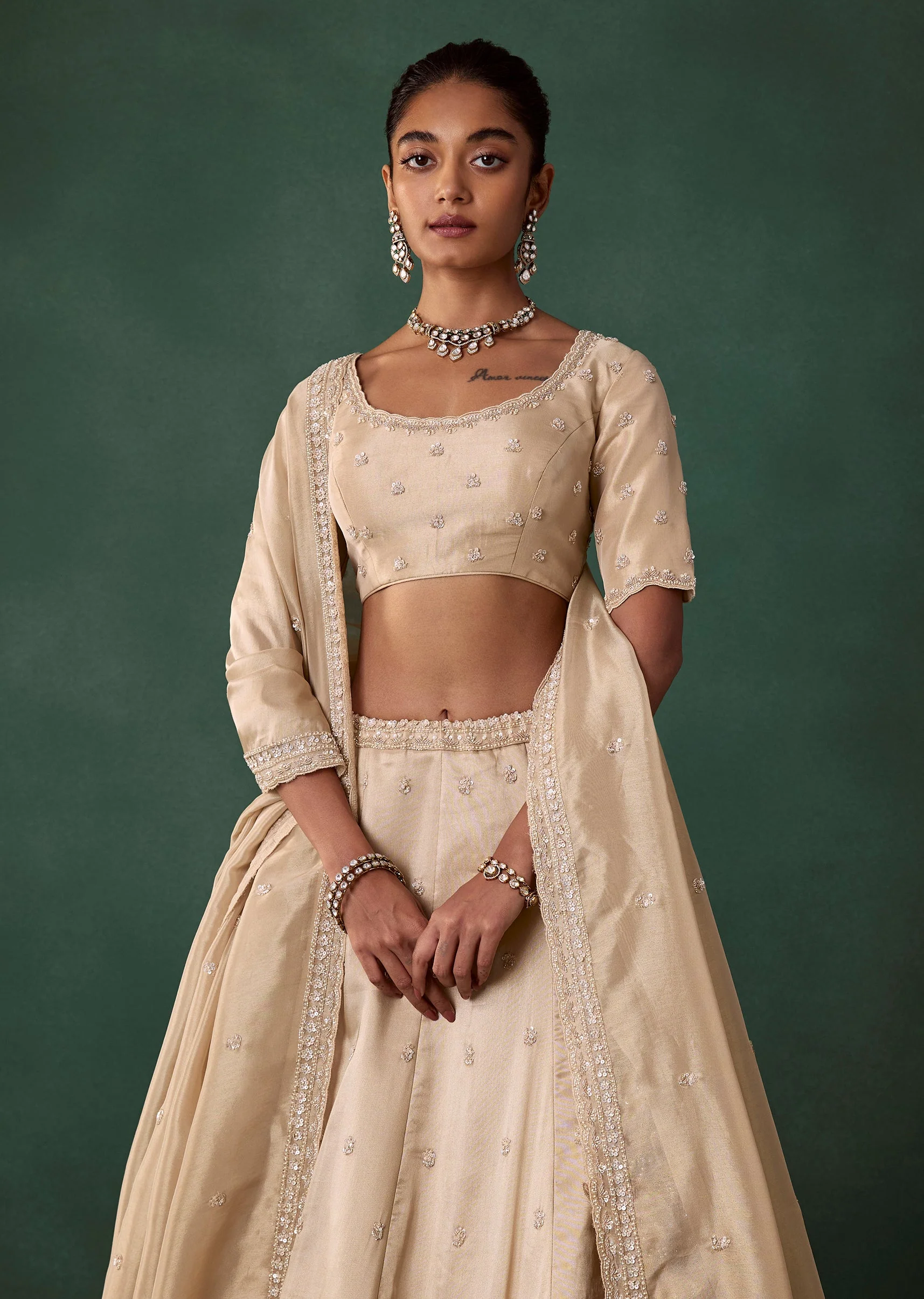 Ivory Embroidered Tissue Bridal Lehenga Set with Cutdana - Image 5