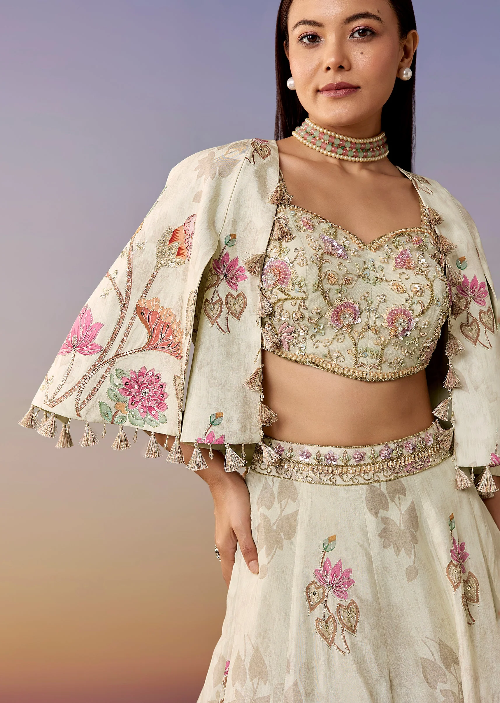 Ivory Floral Printed Lehenga Set with Cape - Image 5