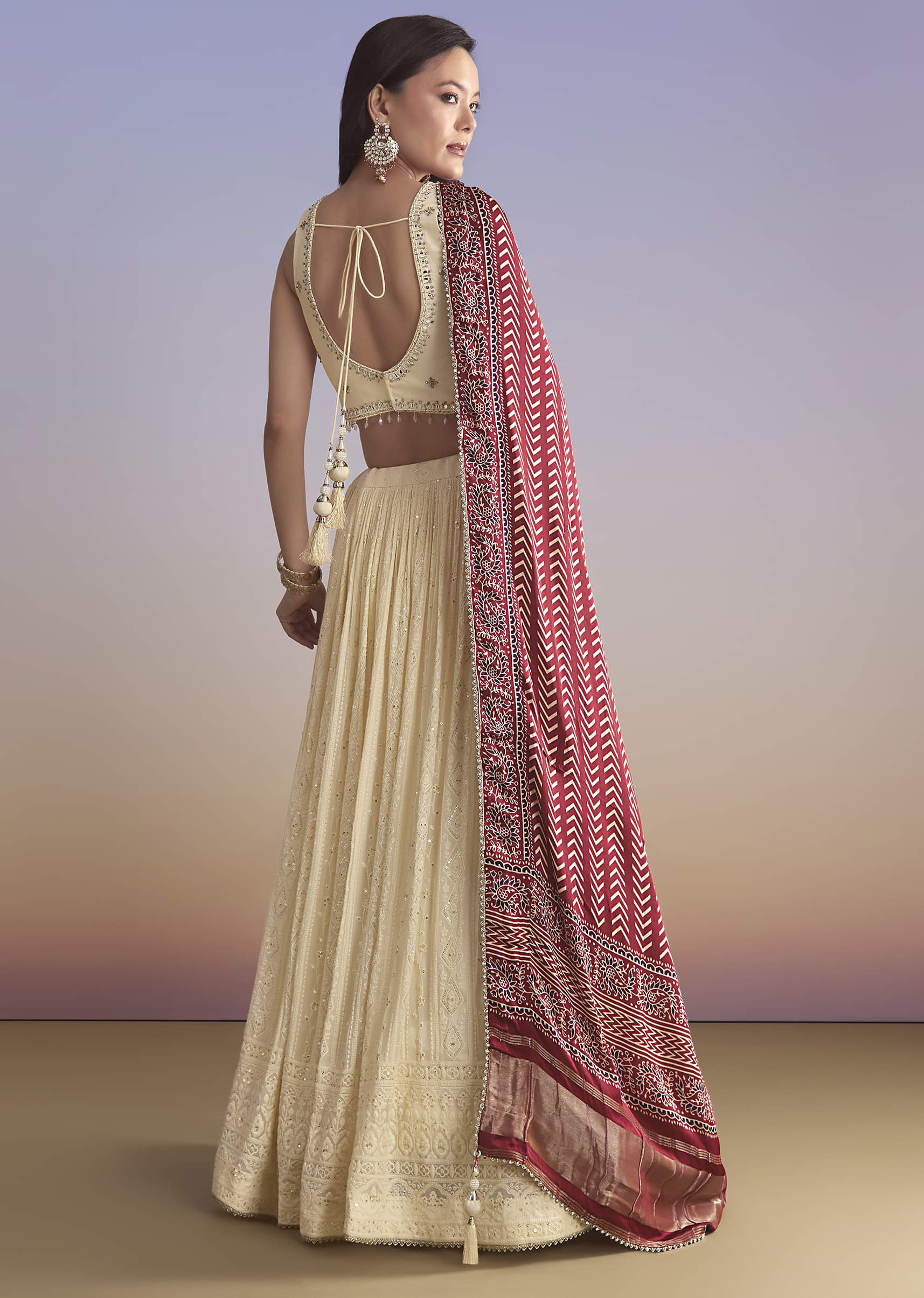 Ivory Georgette Bridesmaid Lehenga With Lucknowi Chikankari And Mirror Work - Image 2