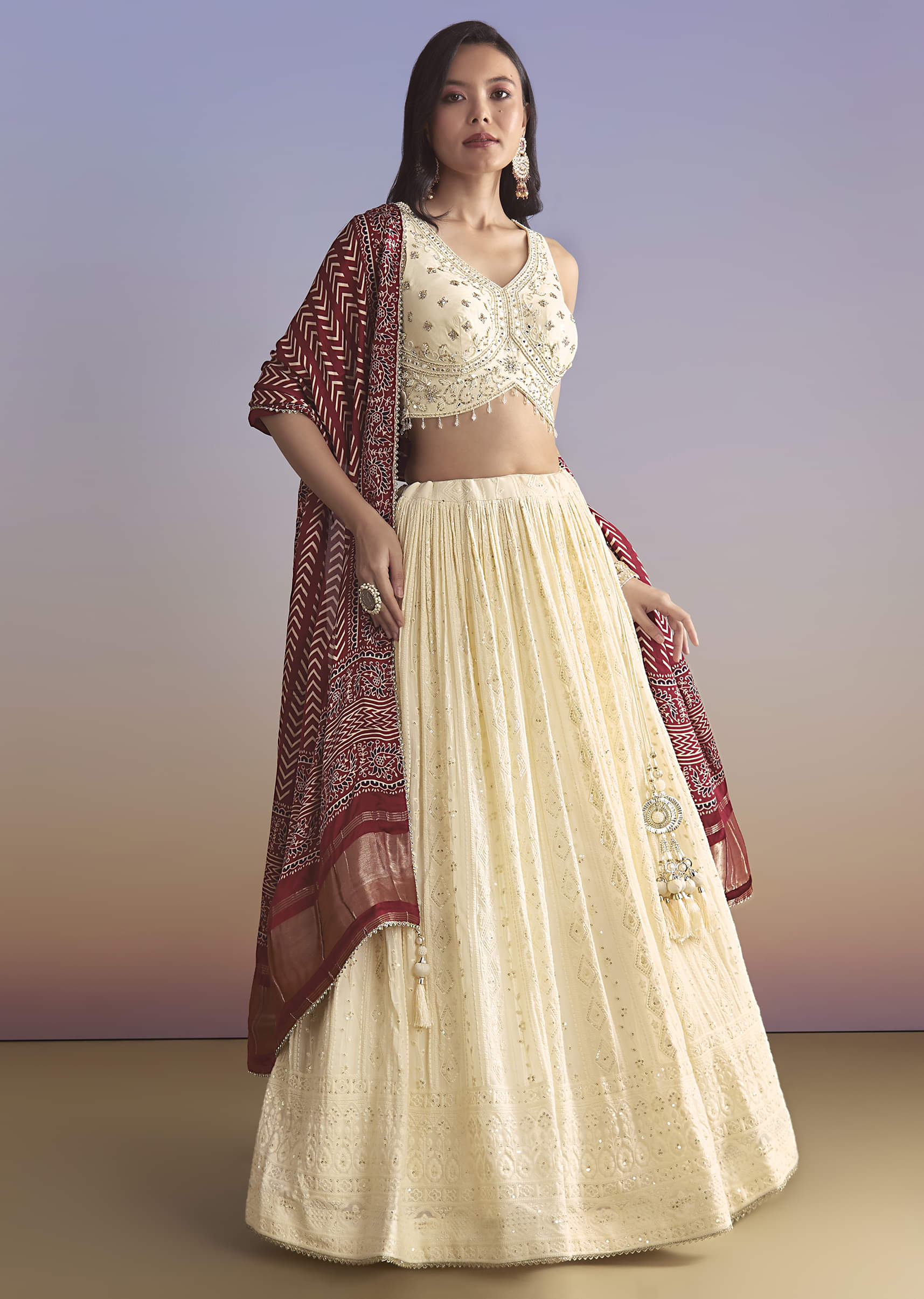 Ivory Georgette Bridesmaid Lehenga With Lucknowi Chikankari And Mirror Work - Image 4