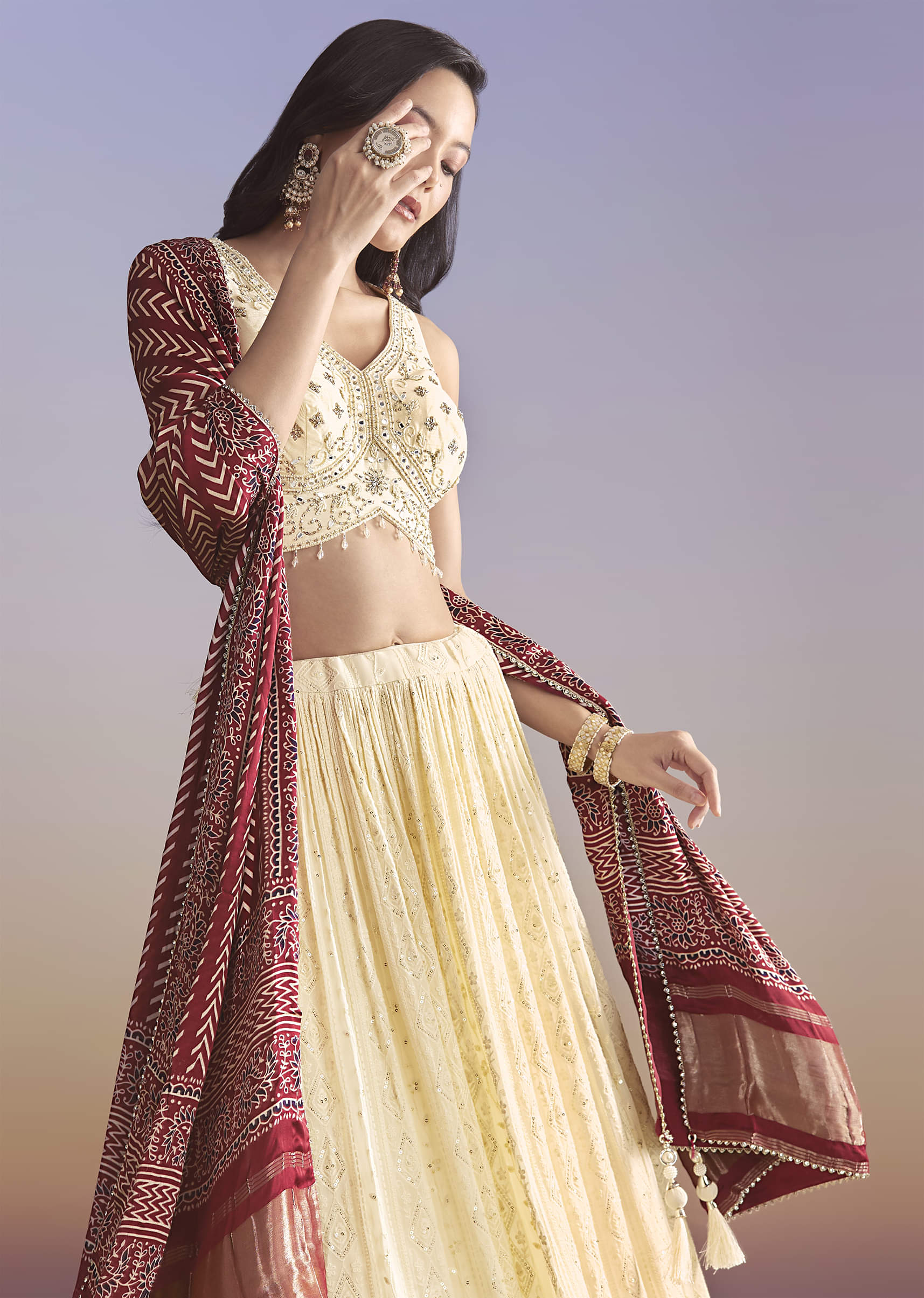 Ivory Georgette Bridesmaid Lehenga With Lucknowi Chikankari And Mirror Work - Image 5