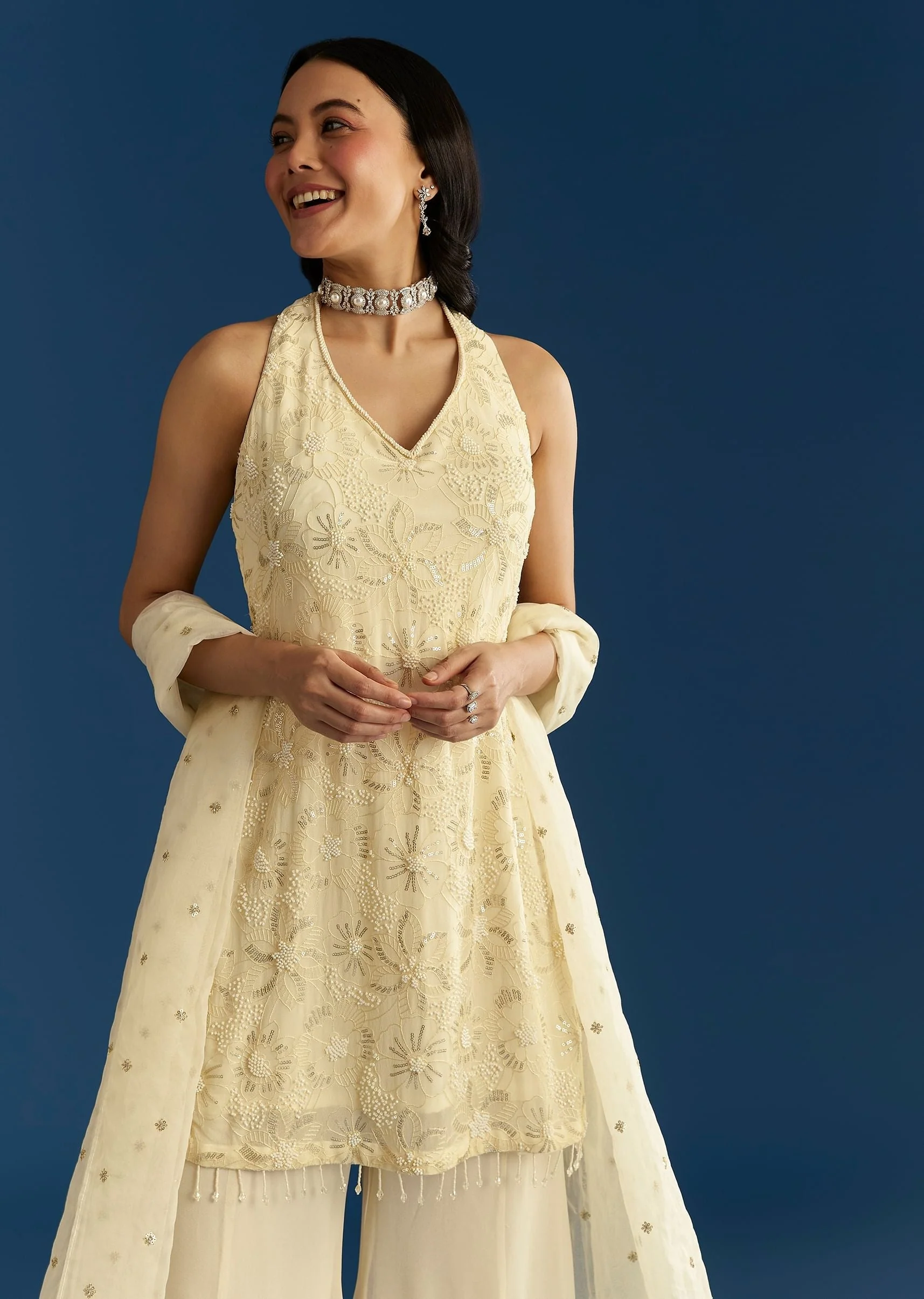 Ivory Georgette Kurta Palazzo Set With Dupatta - Image 4