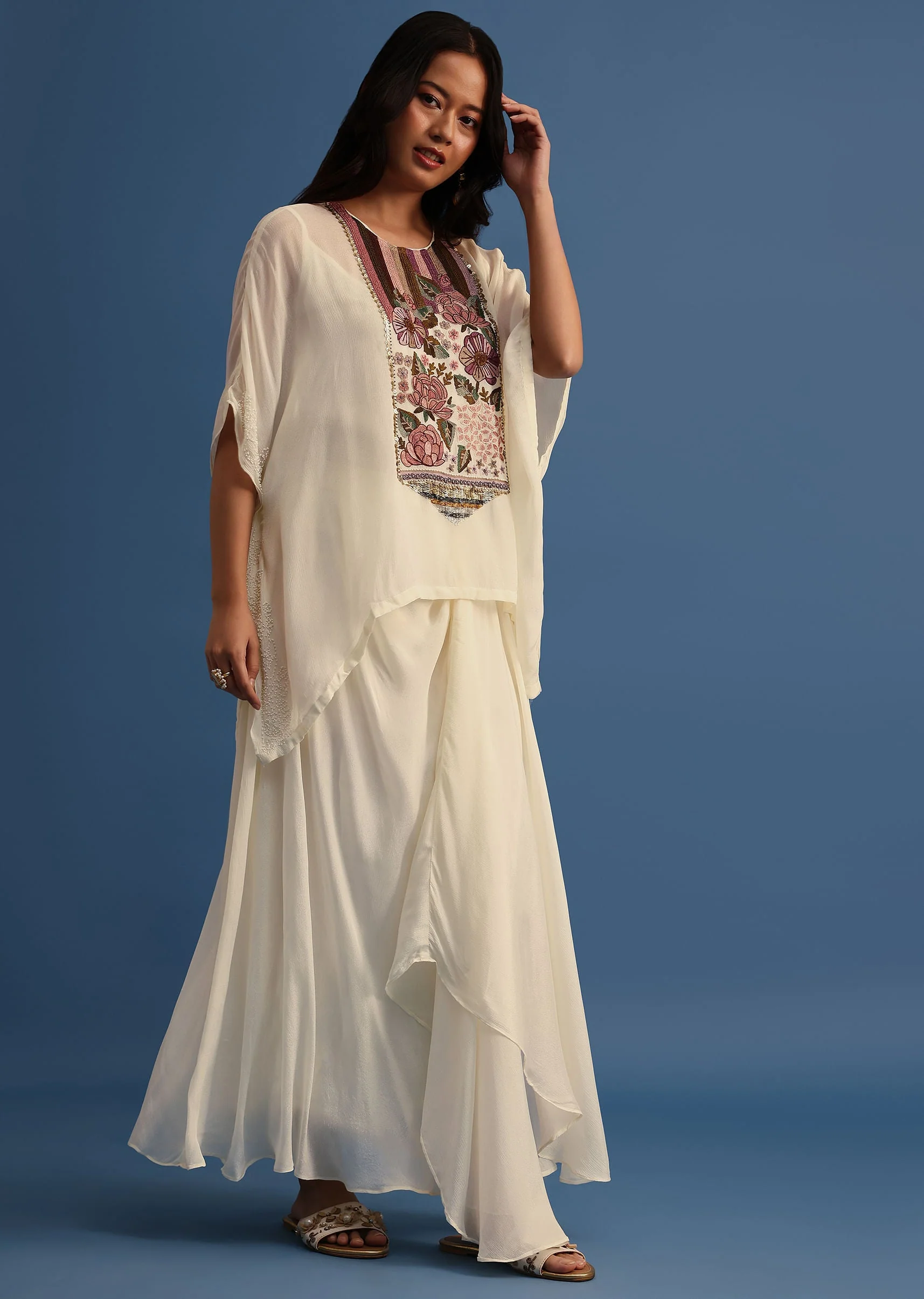 Ivory Georgette Skirt And Cape In Resham Work - Image 3