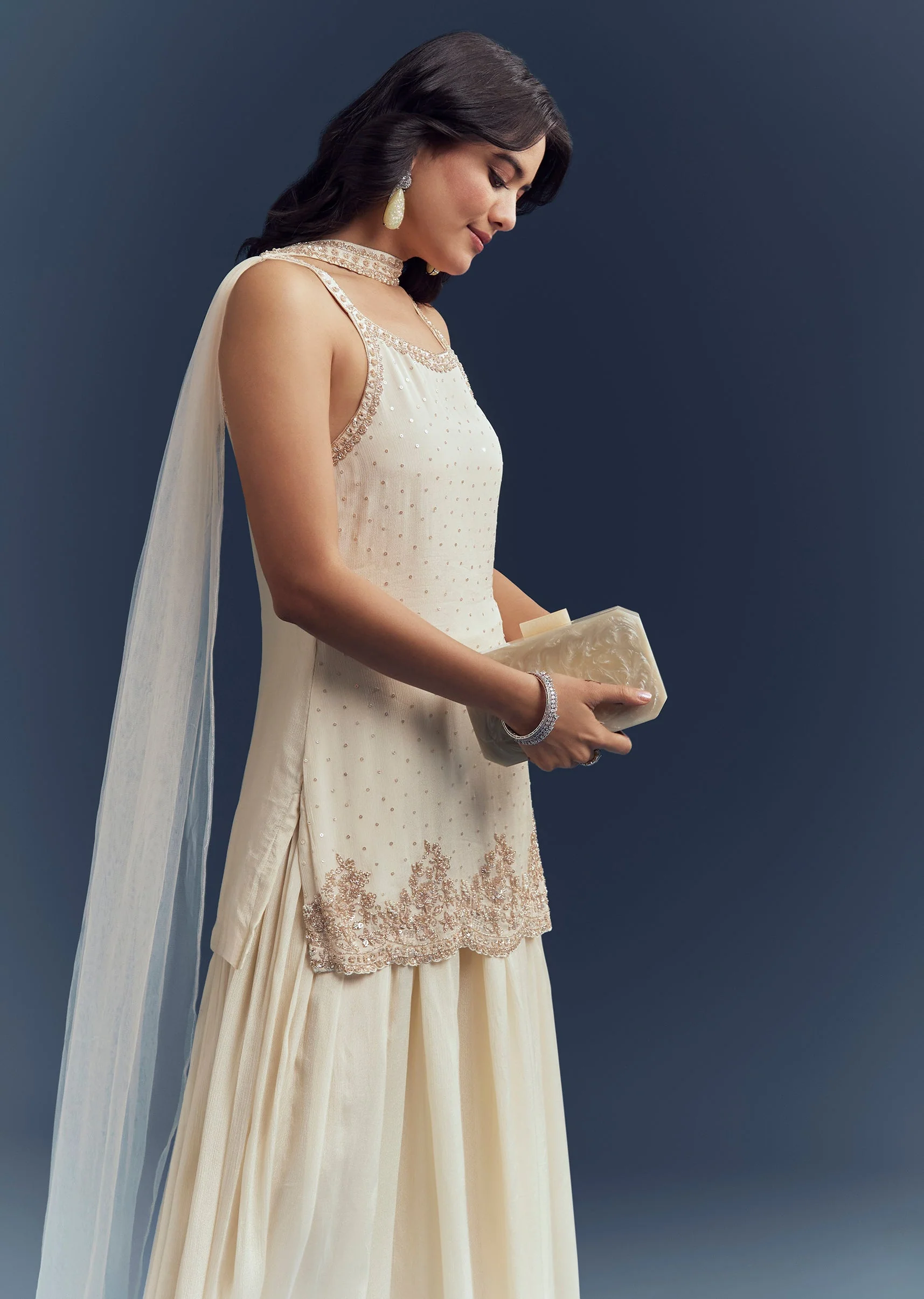 Ivory Glam Pair – Chinon Suit For Her And Jacket Kurta Set For Him - Image 2