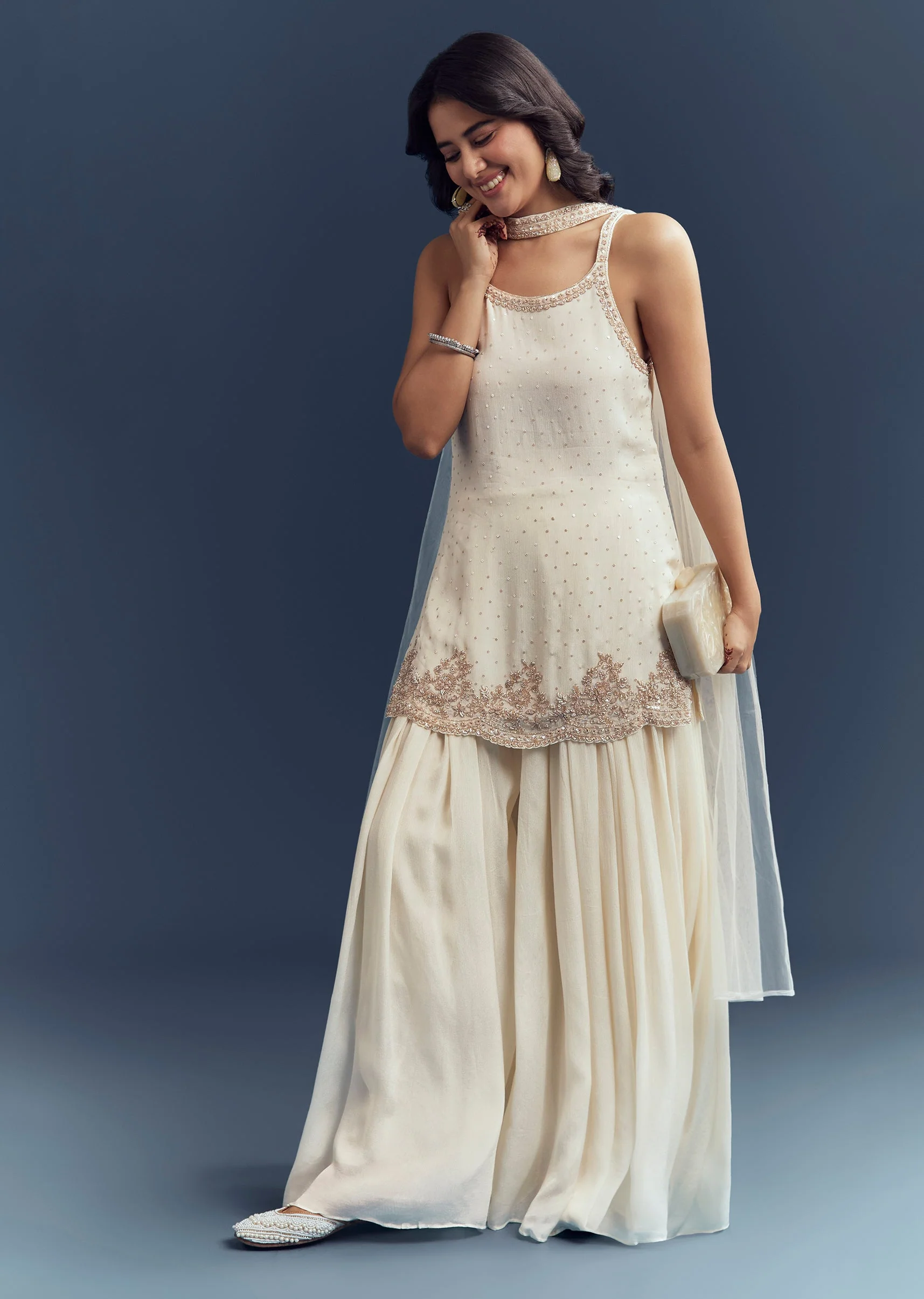 Ivory Glam Pair – Chinon Suit For Her And Jacket Kurta Set For Him - Image 3