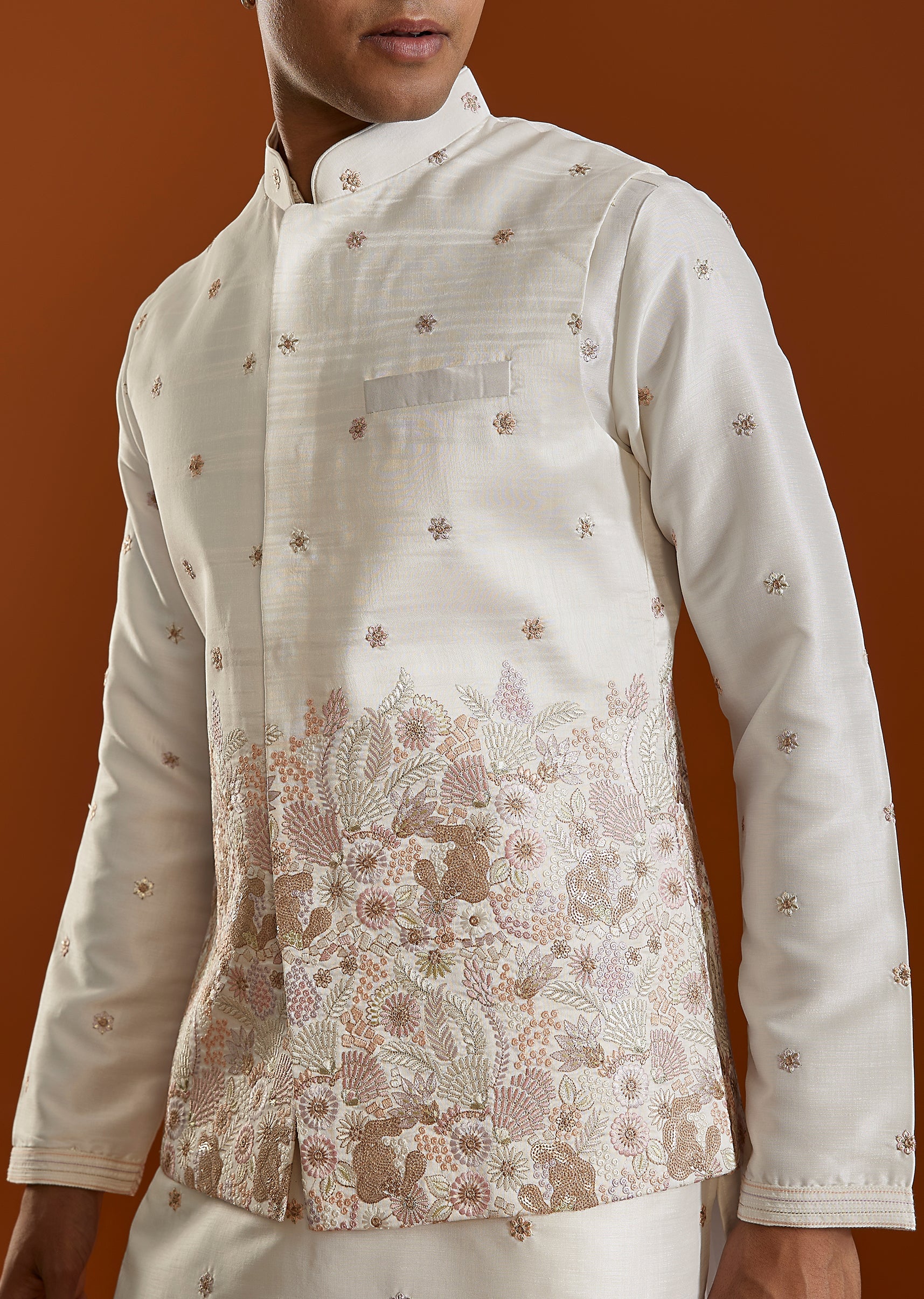 Ivory Glam Pair – Chinon Suit For Her And Jacket Kurta Set For Him - Image 7