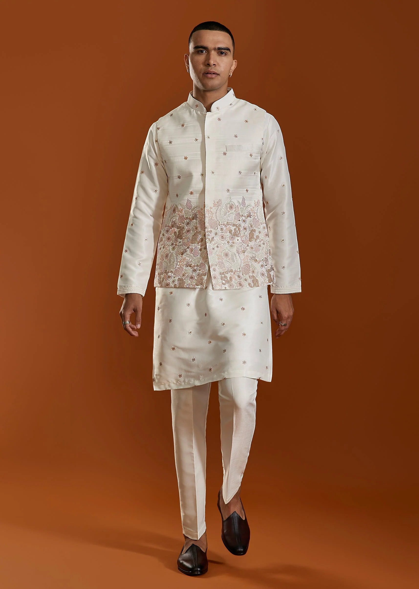 Ivory Glam Pair – Chinon Suit For Her And Jacket Kurta Set For Him - Image 9