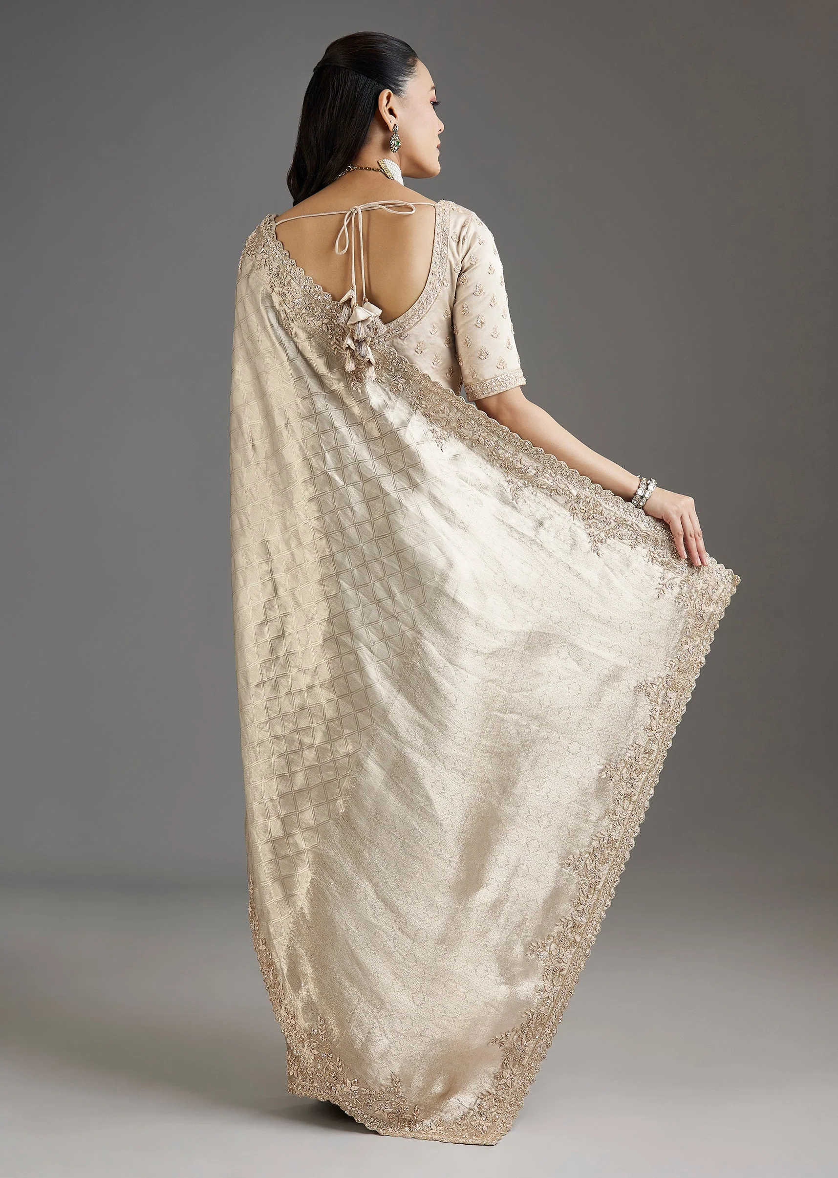 Ivory Gold Tissue Saree With Embroidered Blouse - Image 4