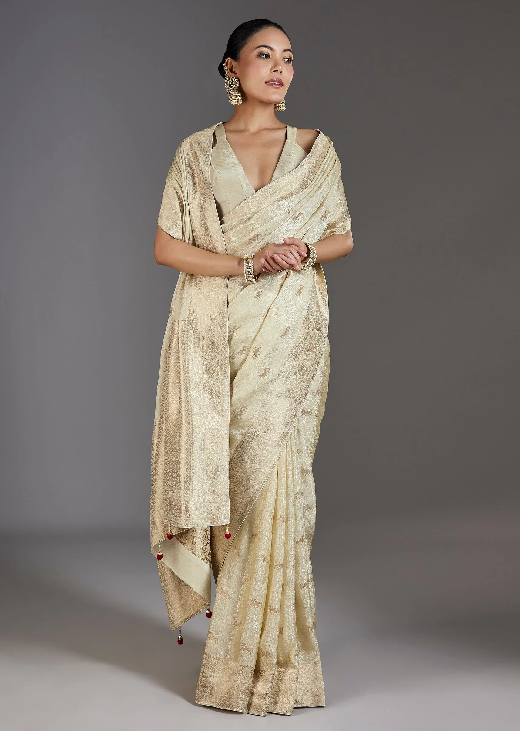 Ivory Jacquard Dola Silk Saree