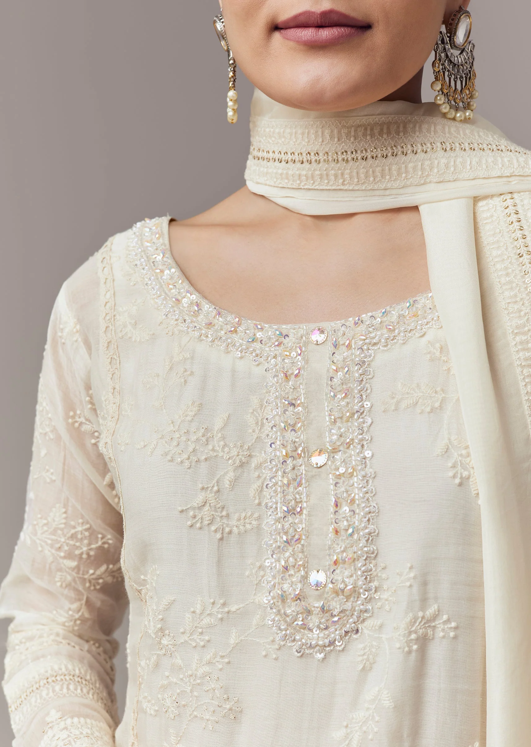 Ivory Kurta Set With Thread Sequins And Moti Work And Dupatta - Image 2