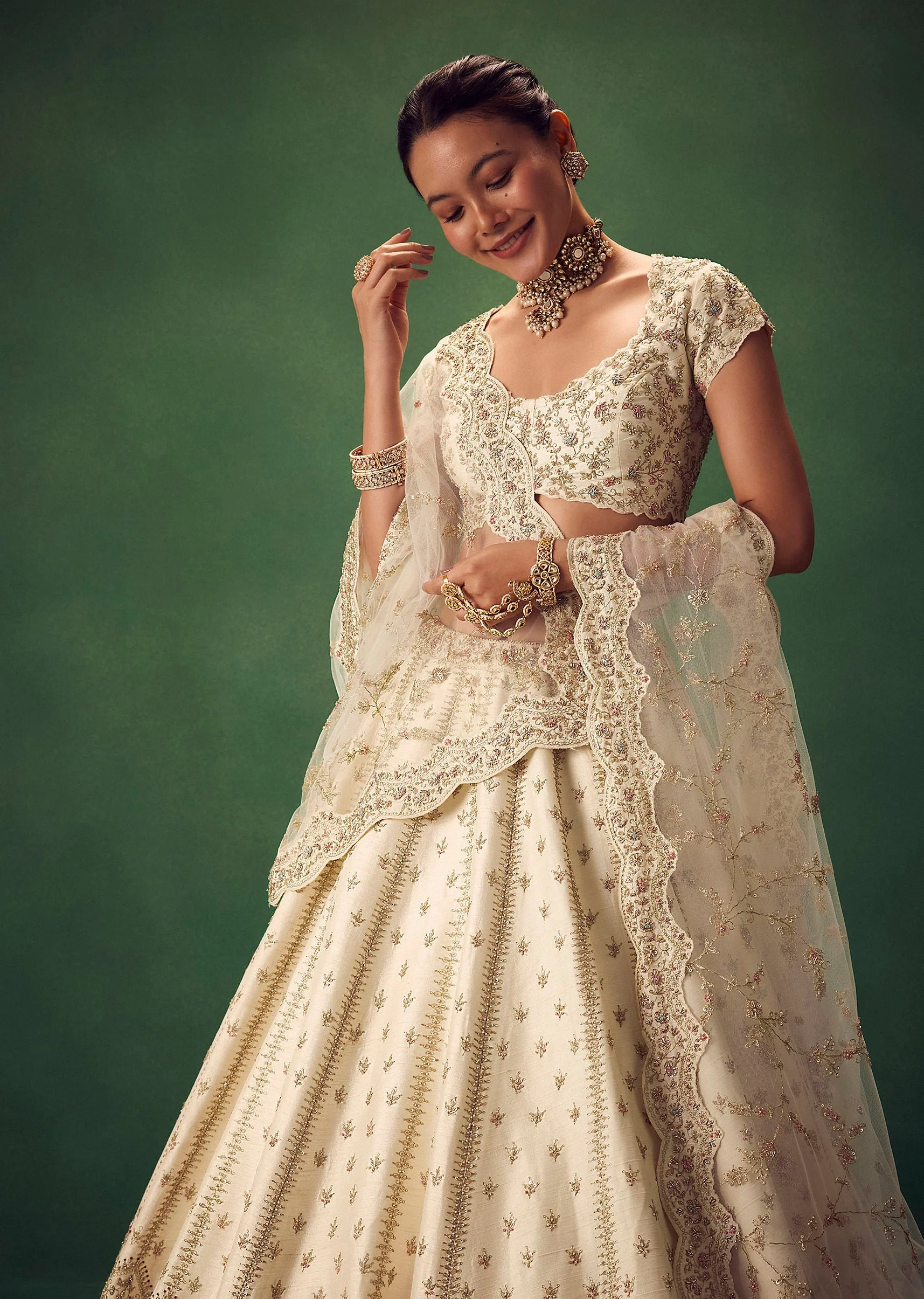 Ivory Lehenga Set With Hand Embroidered Thread And Zari Work - Image 2