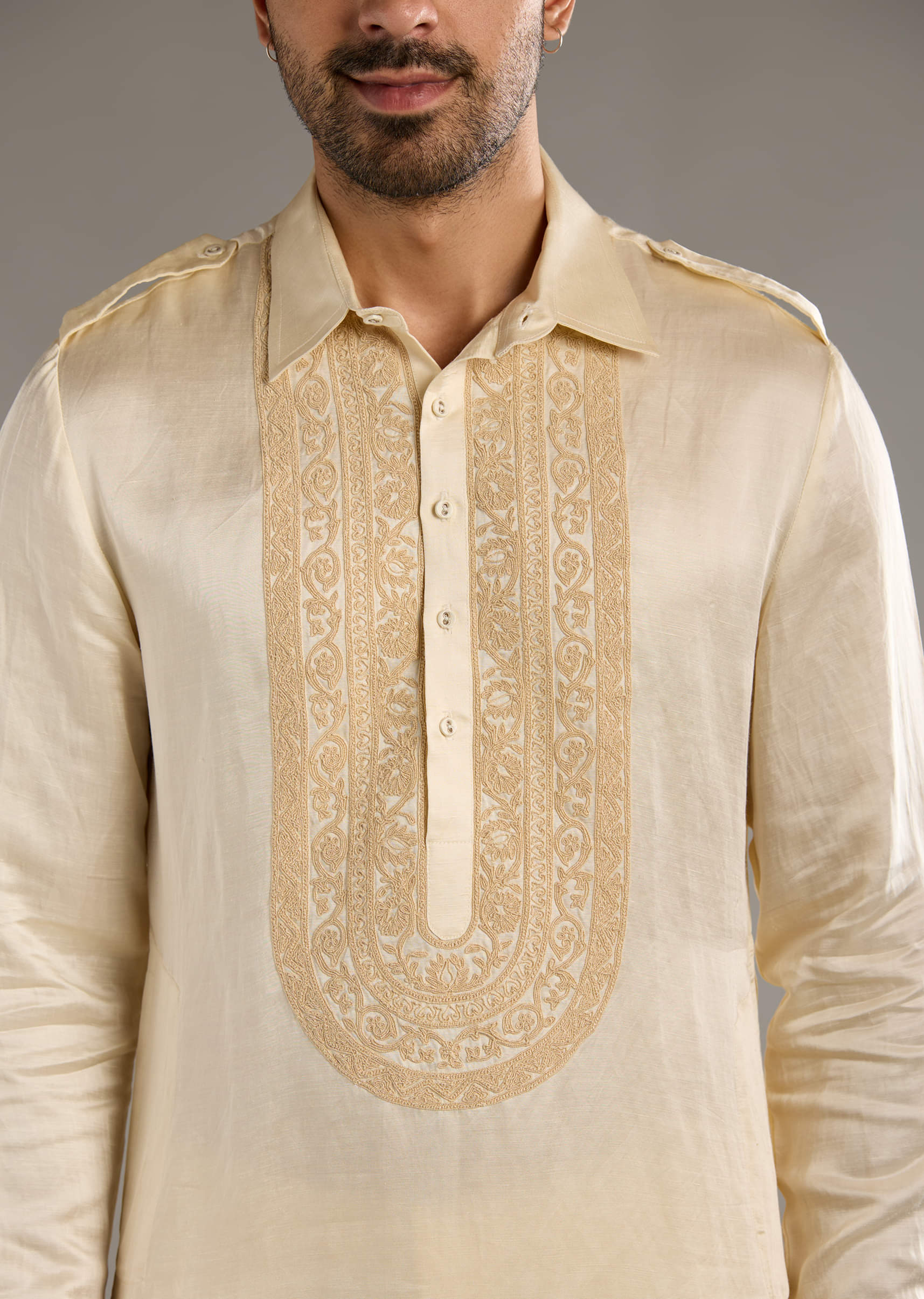 Ivory Linen Satin Kurta Set For Men With Dori Work - Image 2