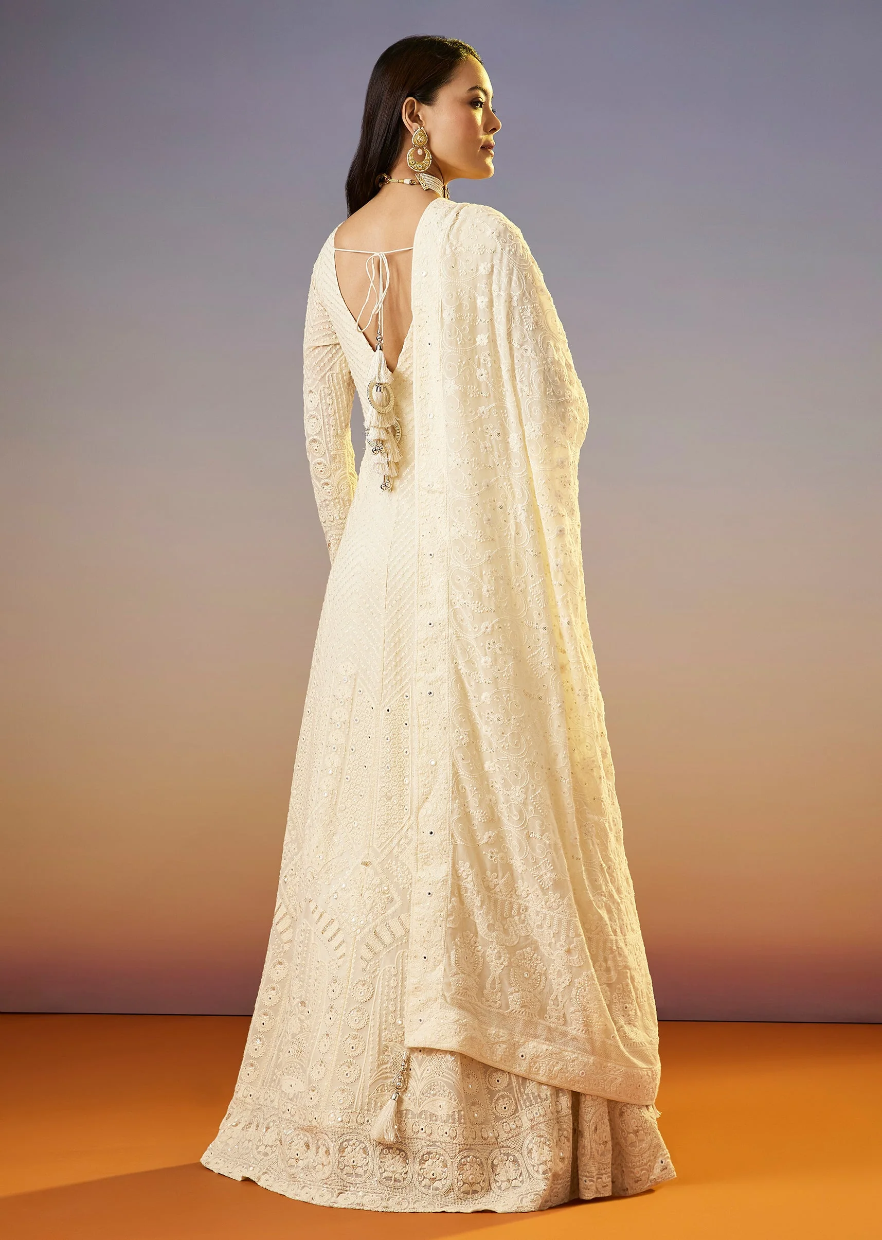 Ivory Lucknowi Georgette Anarkali Suit With Dupatta - Image 5